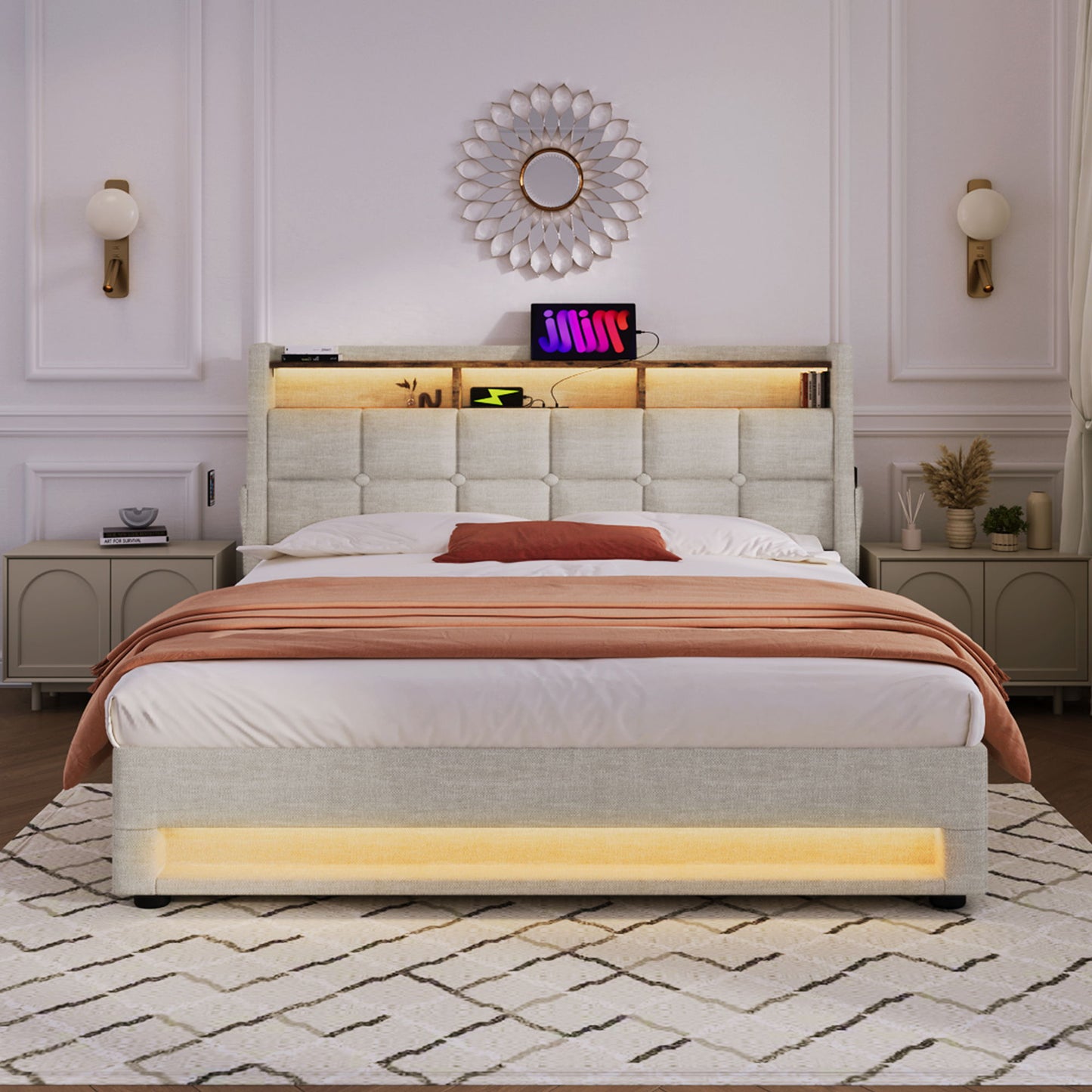 Full Size Upholstered Platform Bed With A Hydraulic Storage System, LED And USB Charging (Without Mattress) - Natural