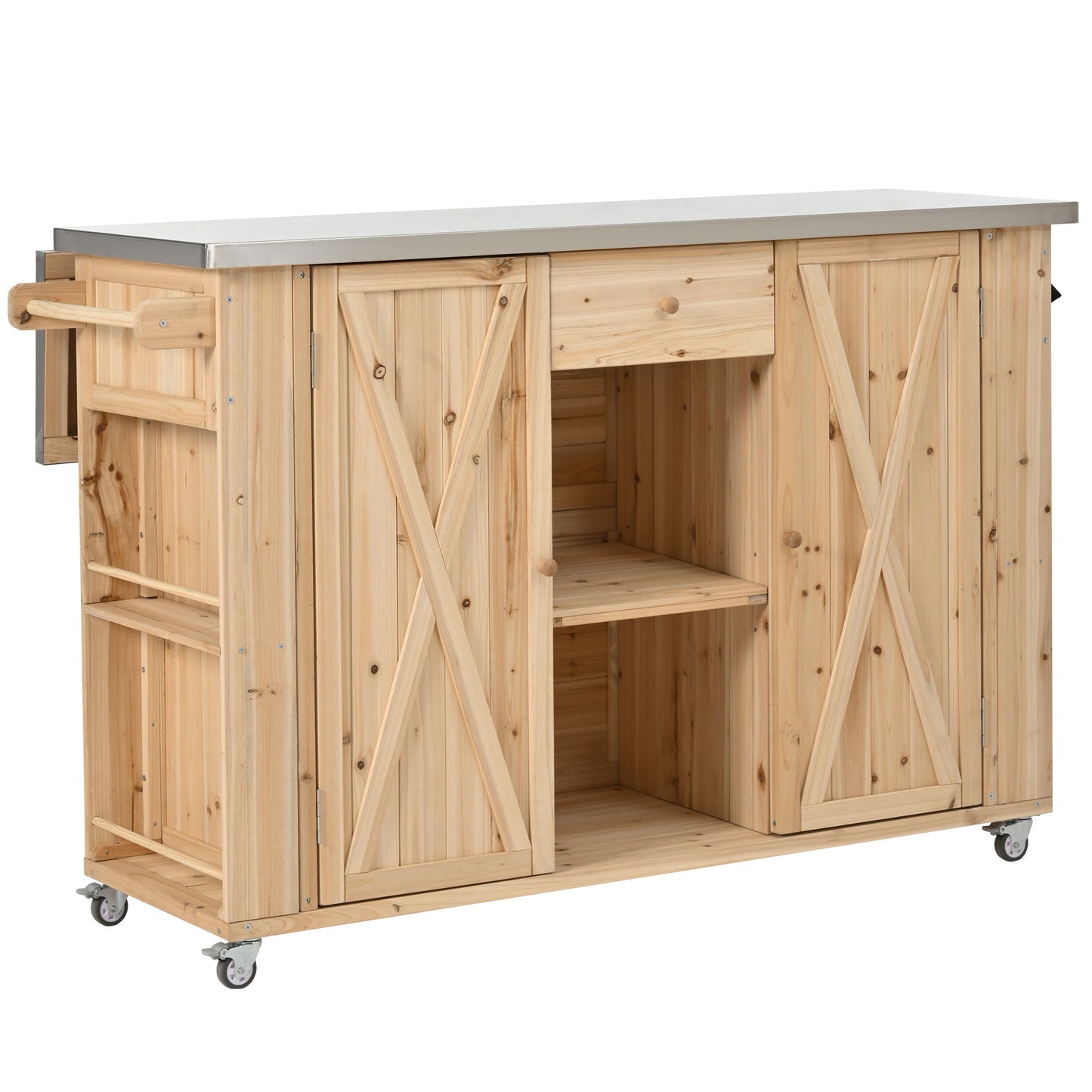 Outdoor Kitchen Island Fir Wood Kitchen Island With Stainless Steel Top, Ample Storage Space, Towel And Spice Racks And A Bottle Opener For Outdoor - Natural