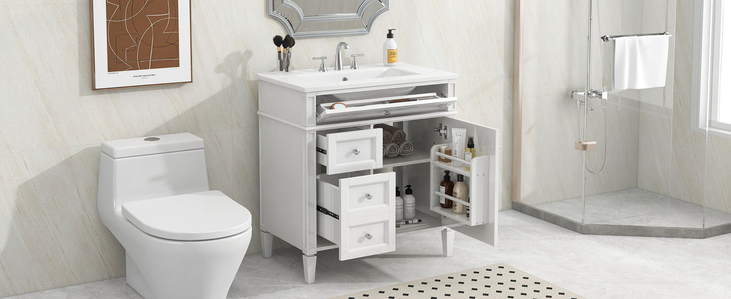 Bathroom Vanity & Top Sink, Modern Bathroom Storage Cabinet, 2 Drawers And A Tip-Out Drawer, Single Sink Bathroom Vanity - White