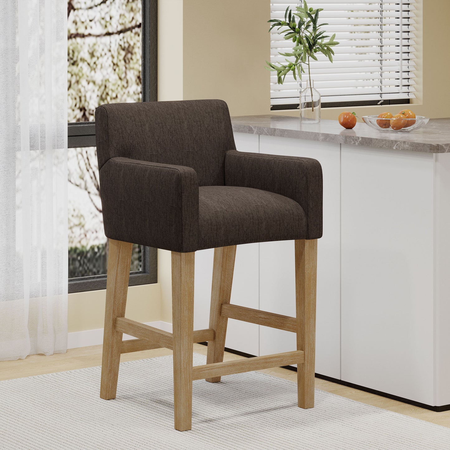 Charmed Upholstered Counter Stool With H Frame Base And Round Arms - Brown