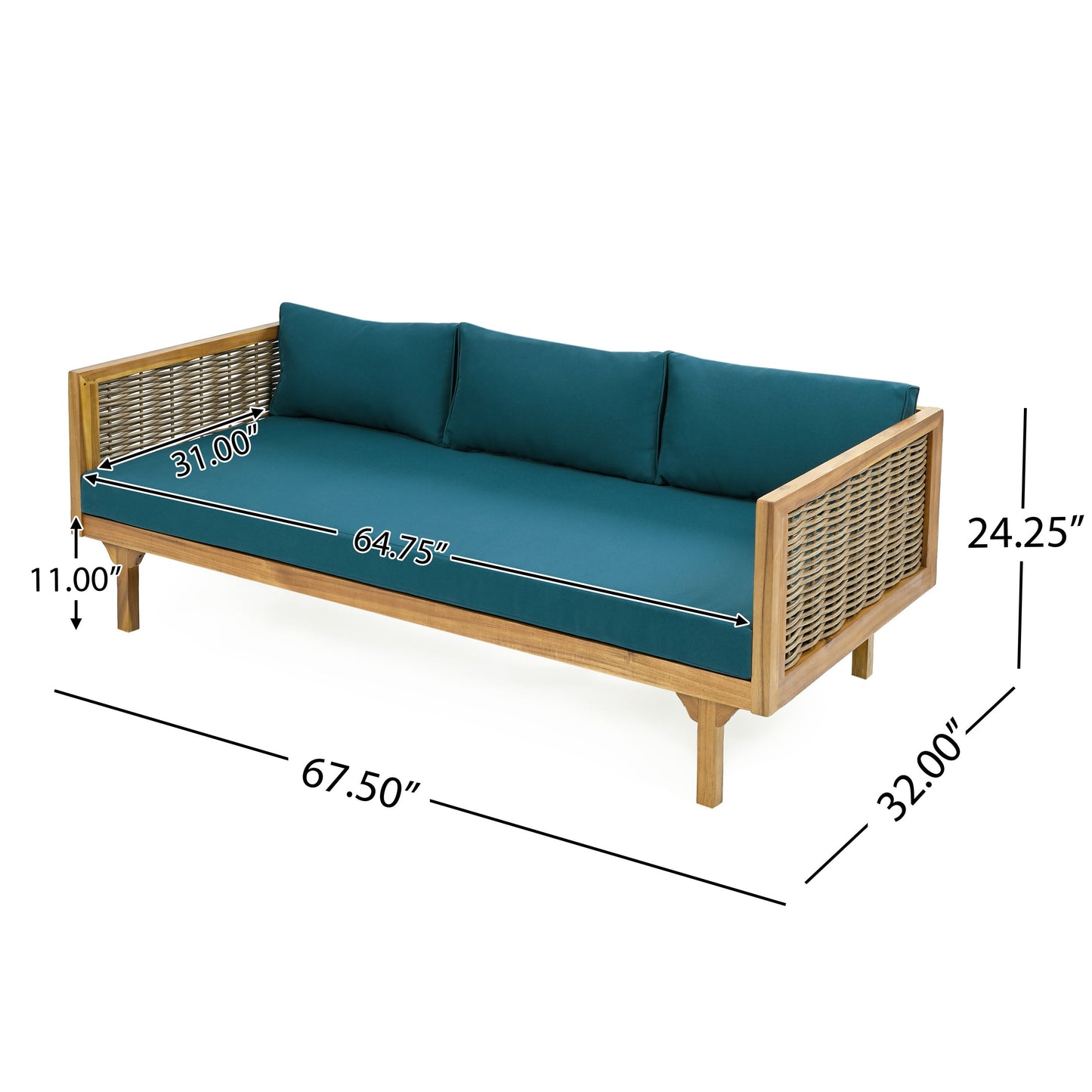 Claremont - 3 Seater Daybed With Rattan Arms And Cushions, Acacia Wood Frame - Teak / Teal