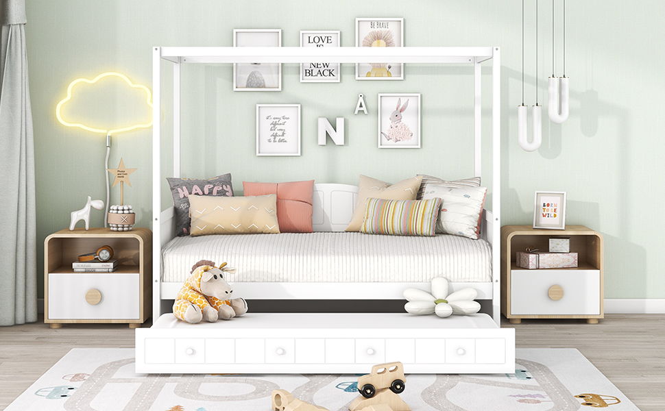 Twin Size Canopy Day Bed With Twin Size Trundle - White