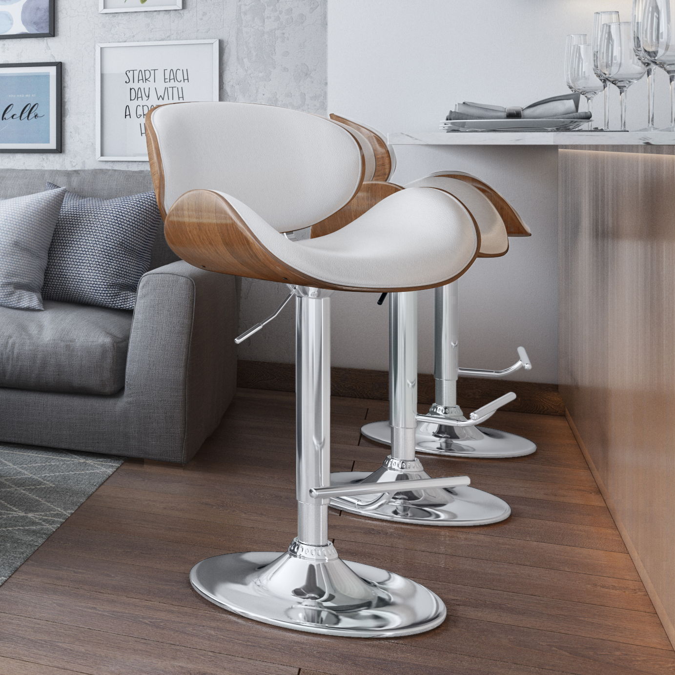 Marana - Bentwood Adjustable Swivel Bar Stool - White