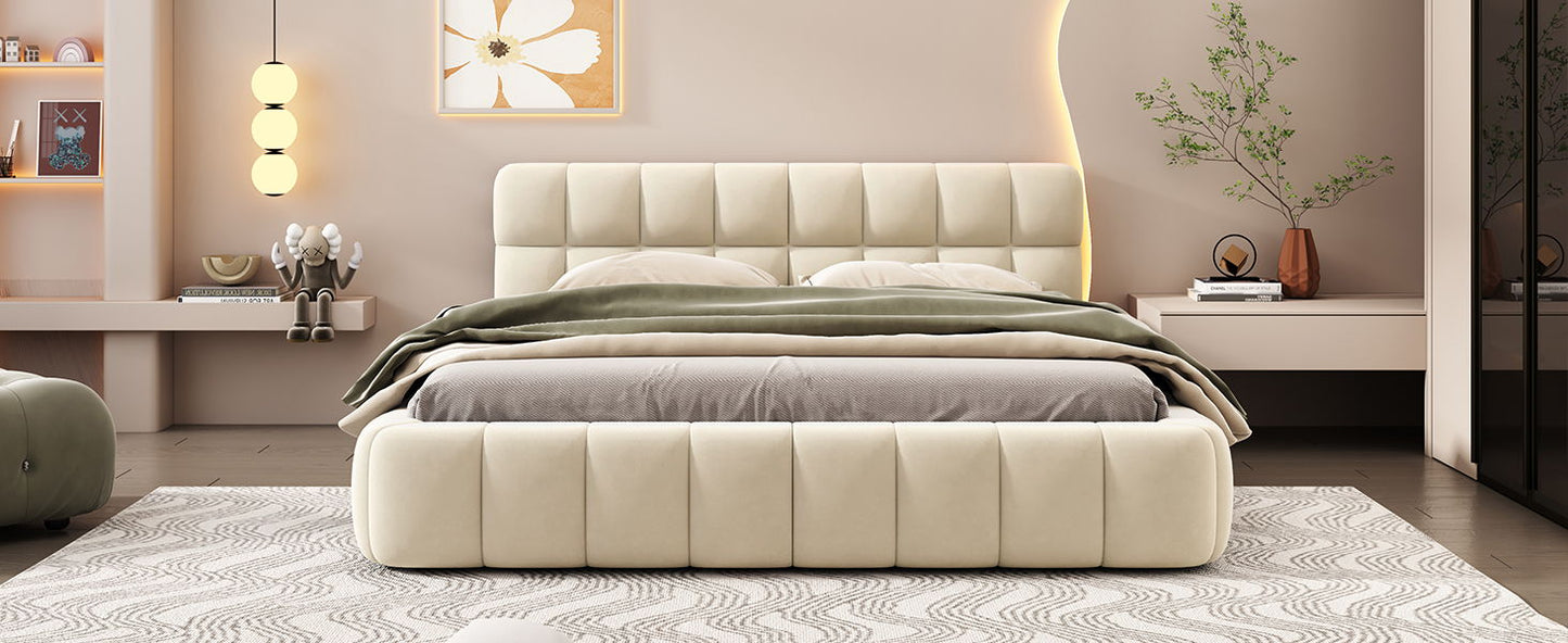 Queen Size Upholstered Platform Bed With Thick, Grounded Bed With Solid Frame - Beige