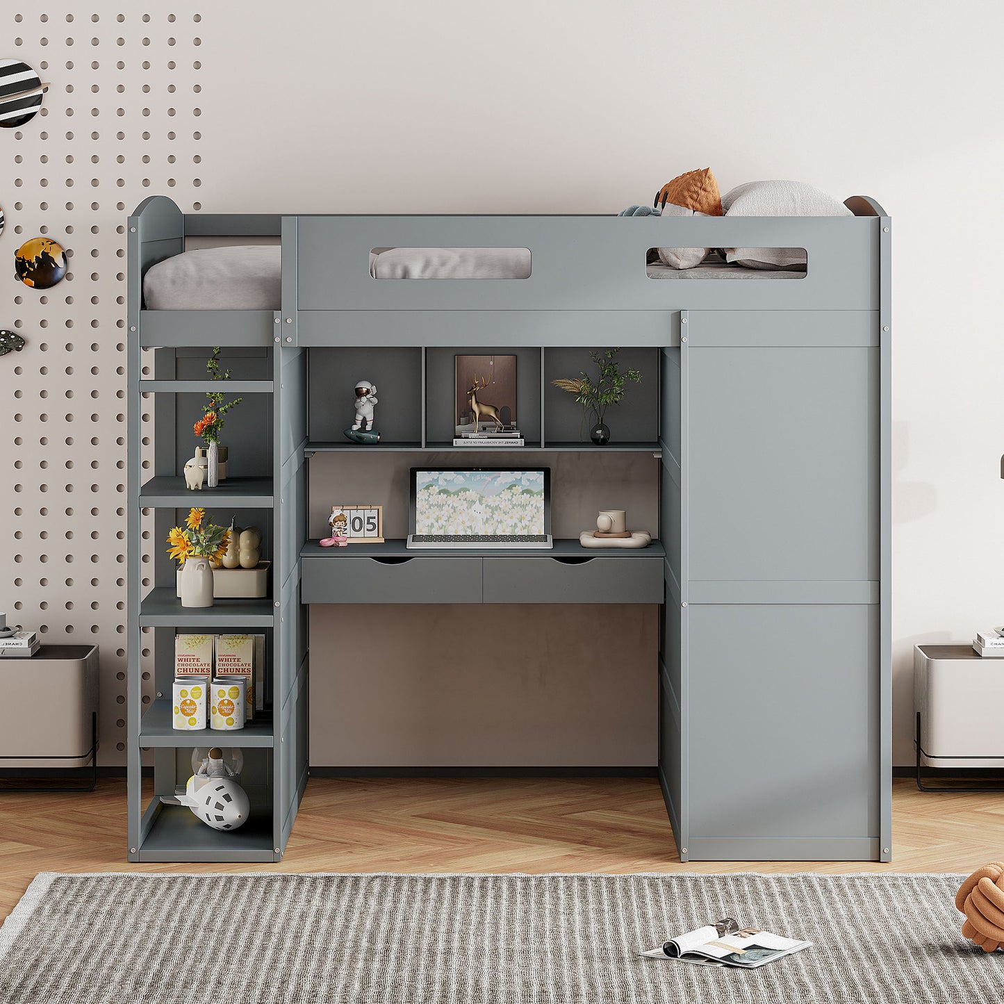 Full Size Loft Bed With Desk, Wardrobes, 4 Drawers And 4 Shelves - Gray