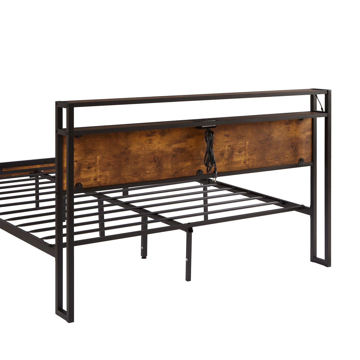 Modern Full Size Metal Platform Bed Frame With Wooden Headboard And Footboard, USB Charging Station, LED Lights, 2 Drawers, Easy Assemble - Brown / Black