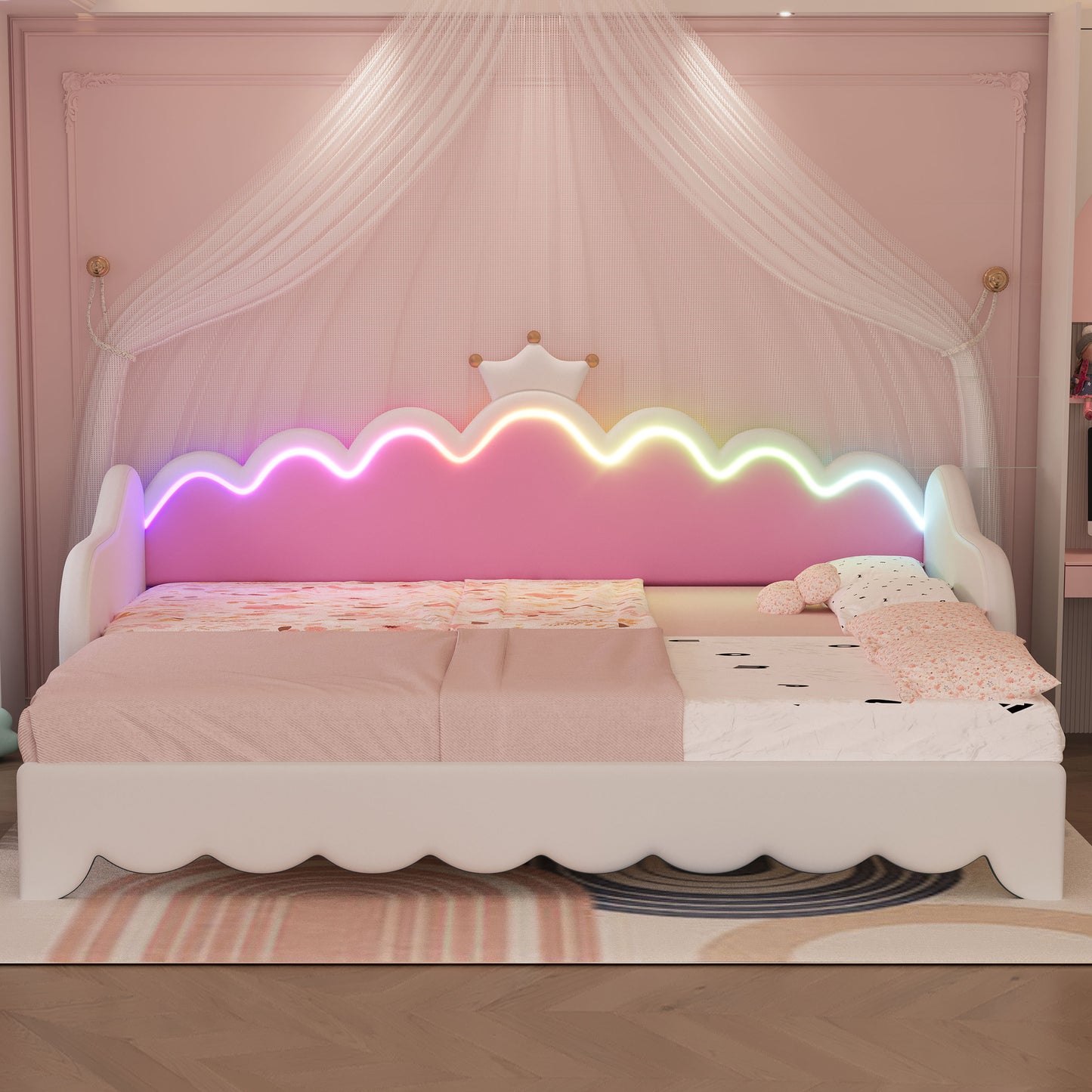 Twin Extending Daybed With LED Lights, Modern Upholstered Princess Daybed With Crown Headboard - White