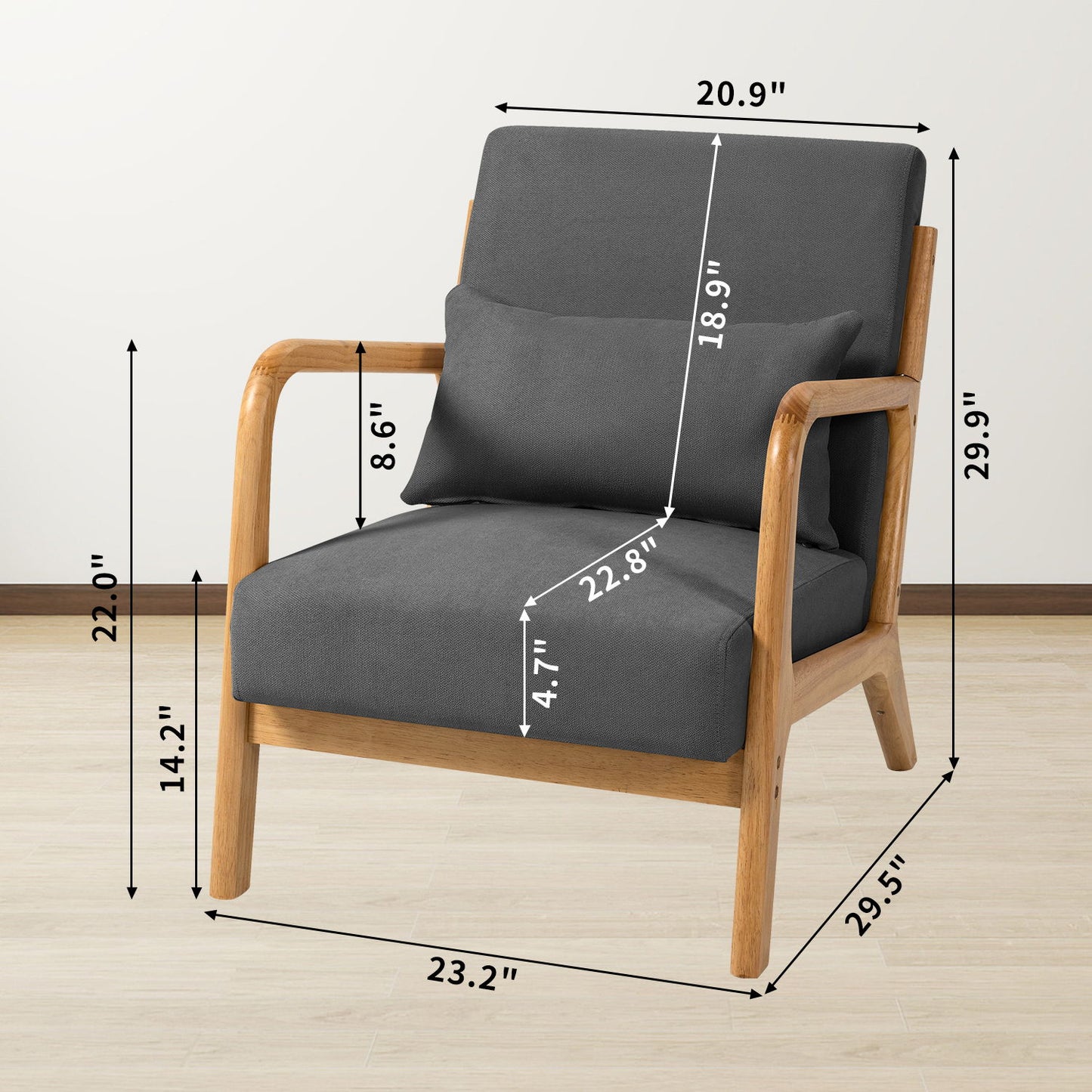 Leisure Chair With Solid Wood Armrest And Feet, Mid-Century Modern Accent Sofa, 1 Seat - Dark Gray