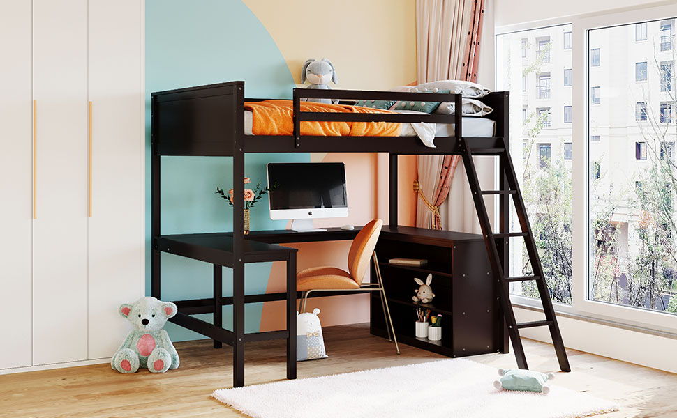 Full Size Loft Bed With Shelves With Desk - Espresso