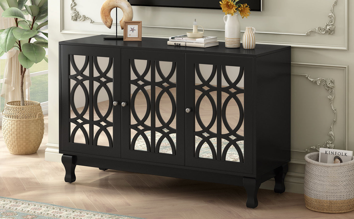 Modern Mirrored TV Stand For TV Up To 55", Entertainment Center Solid Wood Legs, Metal Handle And 3 Adjustable Shelves For Living Room - Black