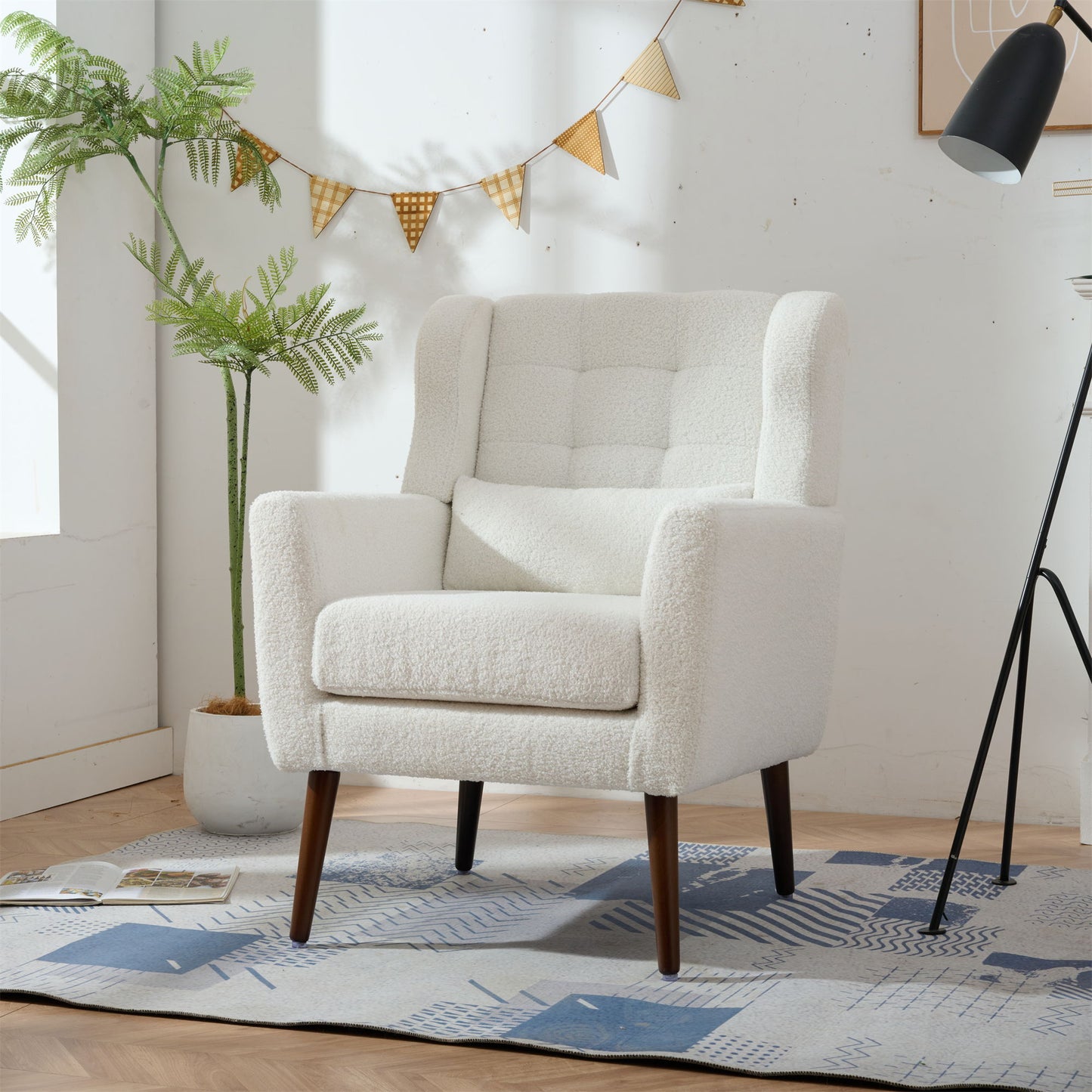 Modern Accent Chair, Teddy Fabric Living Room Chairs Comfy Reading Chair, Mid Century Accent Chair, Lounge Arm Chairs Armchair For Living Room Bedroom - White