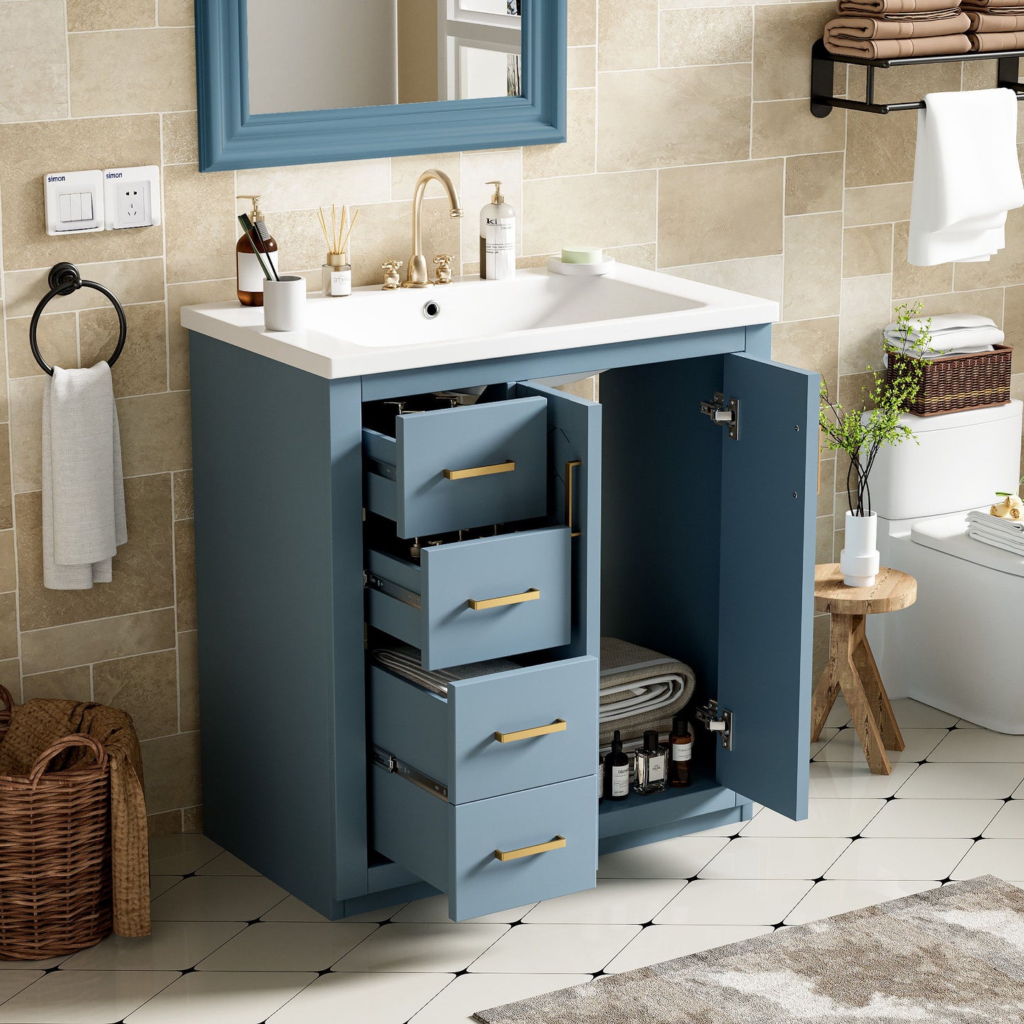Bathroom Vanity With Ceramic Sink Combo, Frame Bathroom Storage Cabinet, Freestanding Vanity Set With 3 Drawers & Soft Closing Doors - Indigo