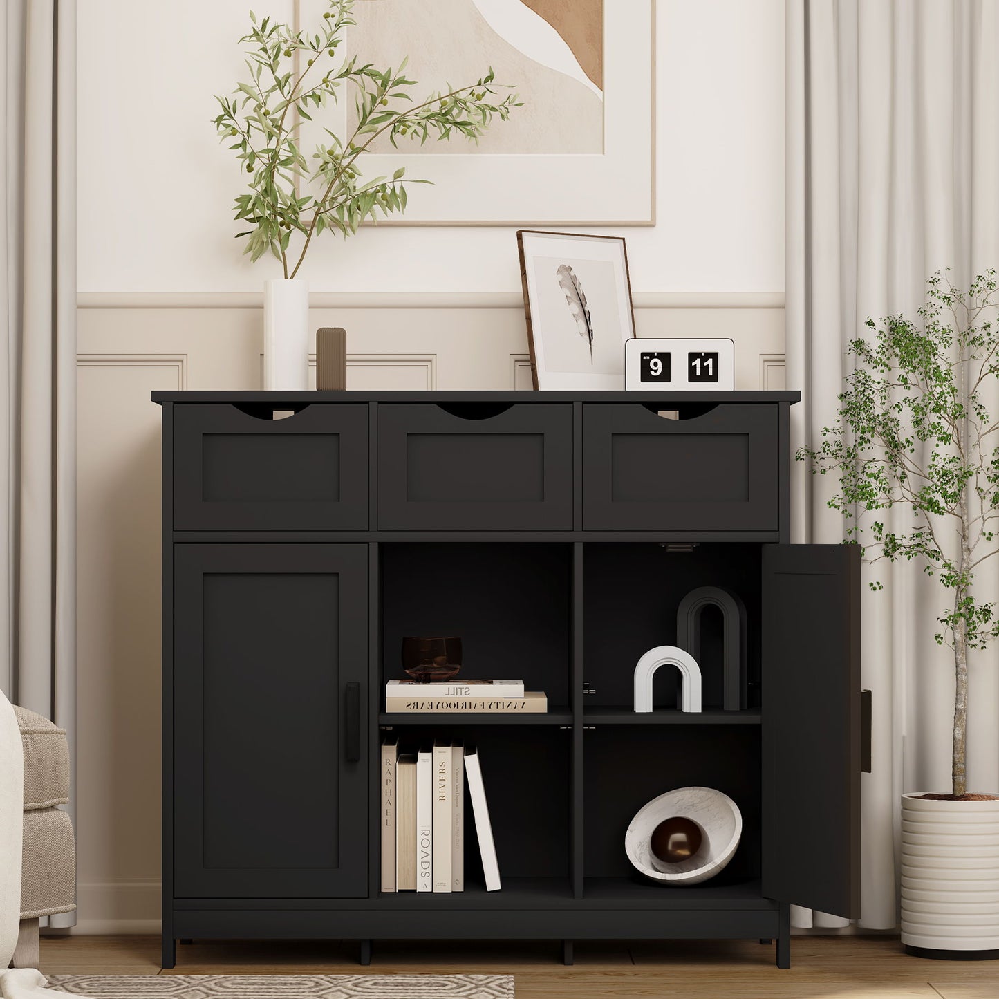 Storage Cabinets, Wooden Floor Cabinet, With Drawers And Shelves Storage Cabinets, Accent Cabinet For Living Room, Bedroom, Bathroom Furniture Home Decor - Black