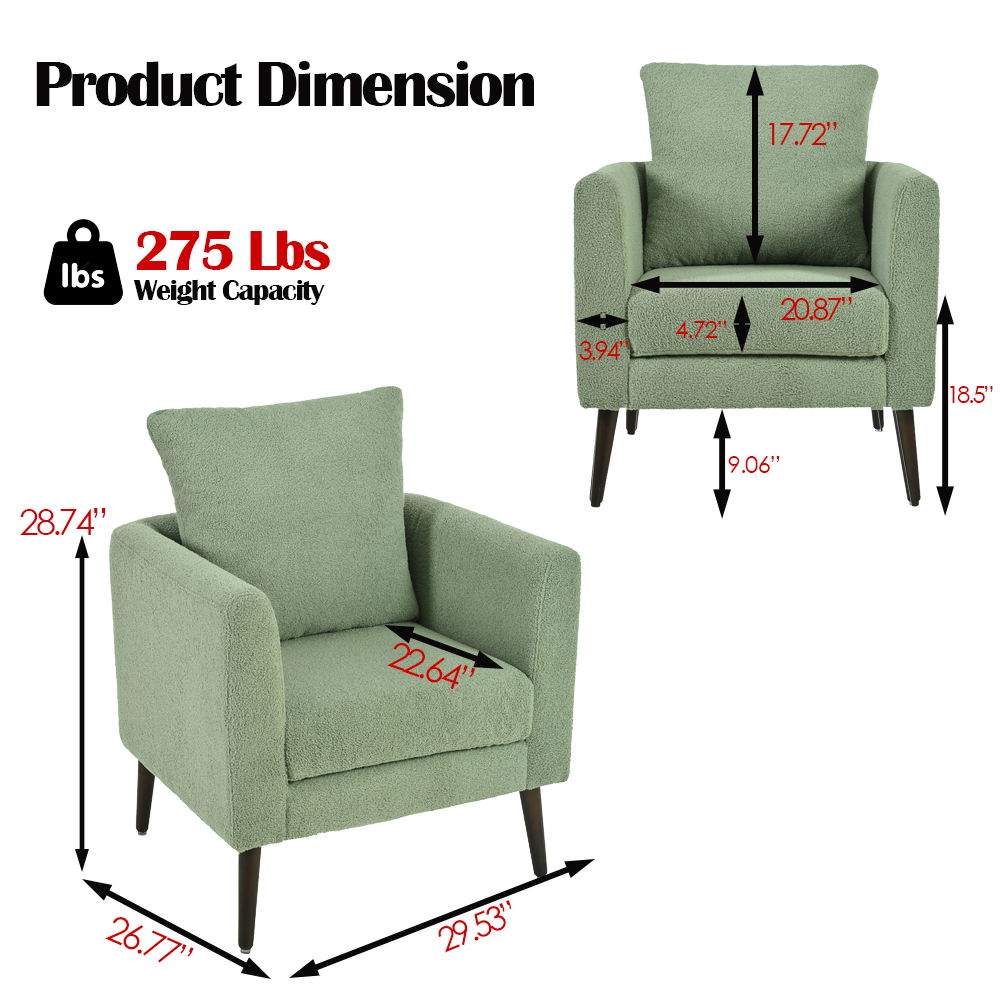 Modern Accent Chair, Upholstered Armchair For Living Room, Mid Century Fabric Lounge Chair With Pillow, Comfortable Reading Chair With Wood Legs For Living Room, Reception Room - Light Green