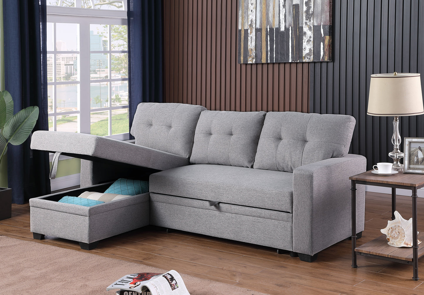 Upholstered Pull Out Sectional Sofa With Chaise - Light Gray