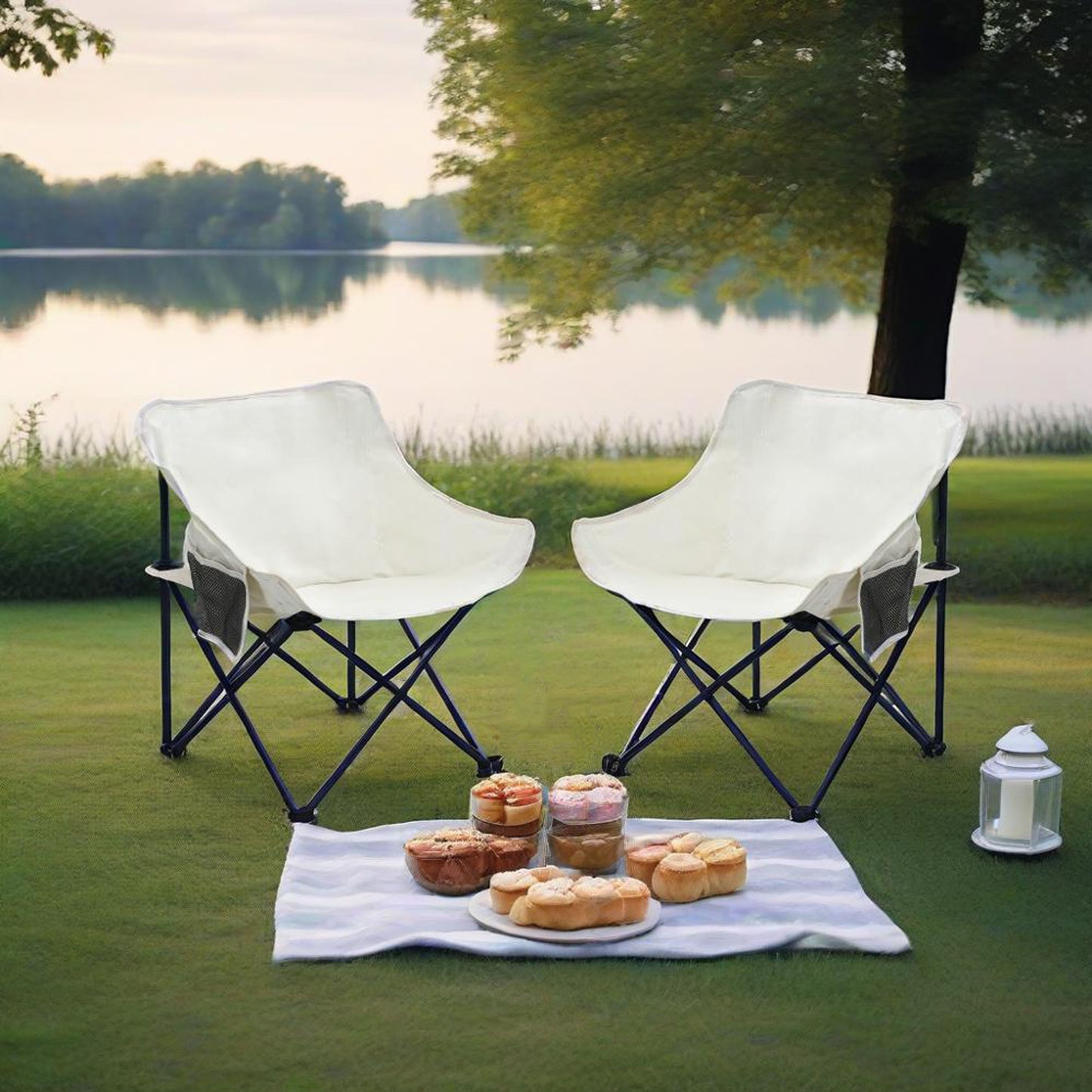 2 Pieces Outdoor Camping Chairs Folding / Portable, Comfortable Seating, Durable Steel Frame - Beige