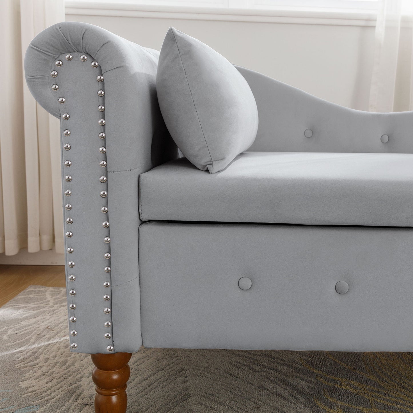 Chaise Lounge Indoor, Velvet Lounge Chair For Bedroom With Storage & Pillow, Modern Upholstered Rolled Arm Chase Lounge For Sleeping With Nailhead Trim For Living Room Bedroom Office - Gray
