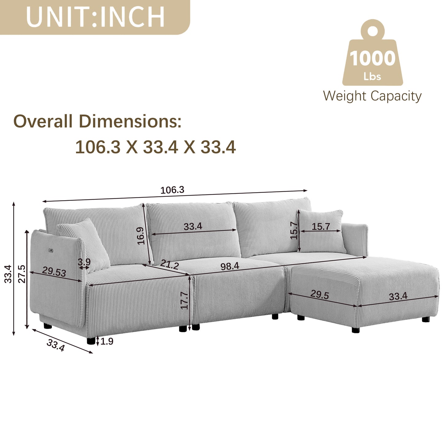 Multi Module Combination Style Sofa For Living Room And Other Lounge Spaces, Modern Minimalist Corduroy Combination Sofa With 2 Comfort Cushions With USB & C Charging Ports - Gray