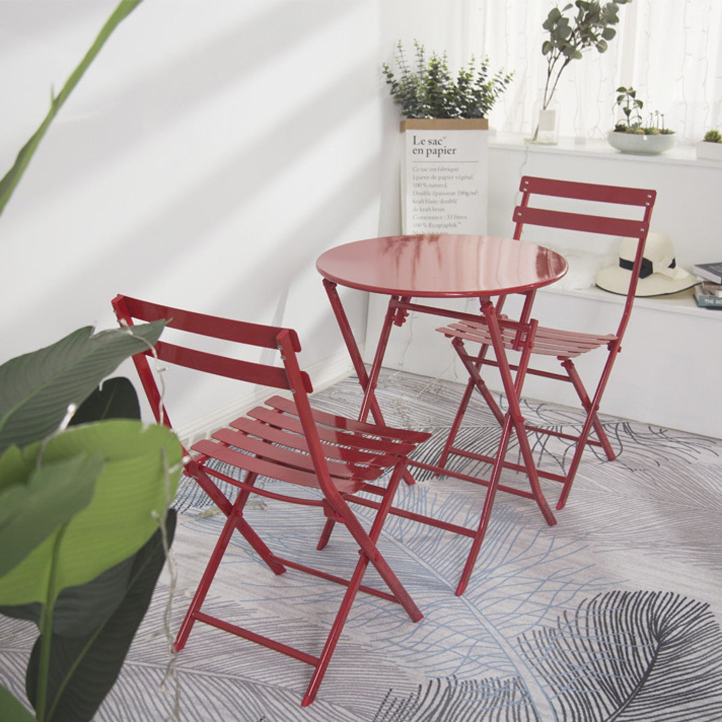 3 Piece Patio Bistro Set Of Foldable Round Table And Chairs - Red