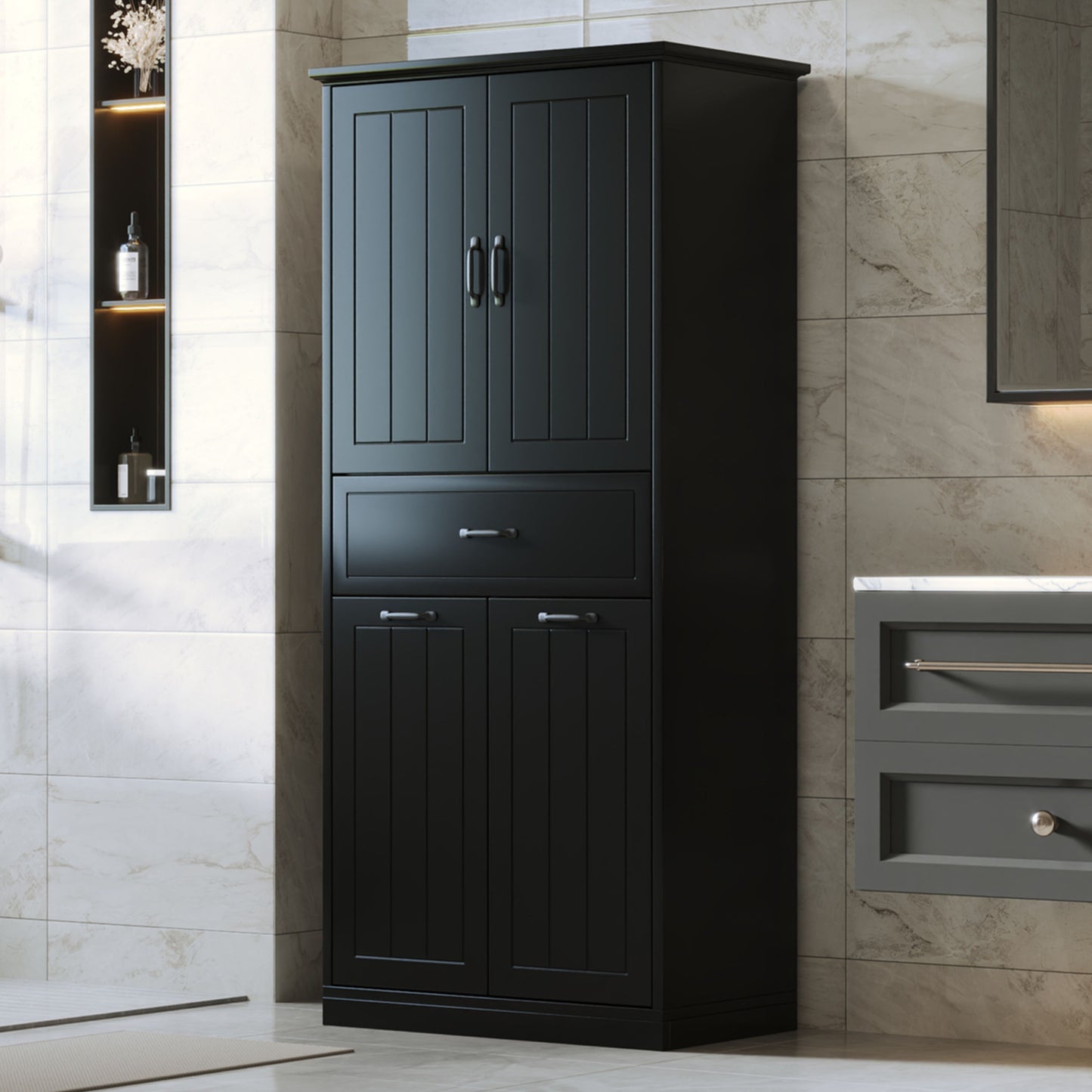 Stylish Bathroom Storage Cabinet With 2 Laundry Baskets And Drawer - Black