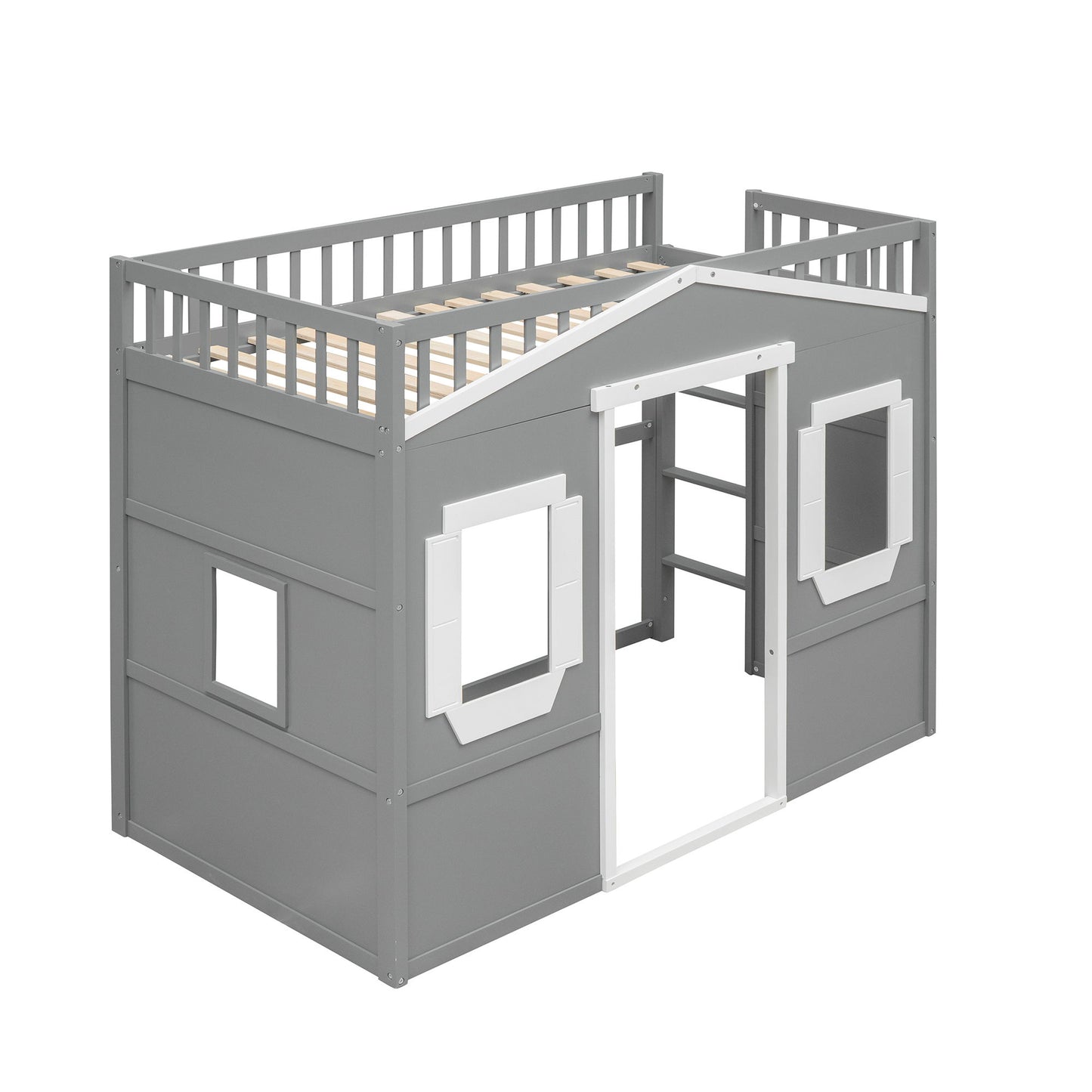 Twin Size House Loft Bed With Ladder - Gray / White