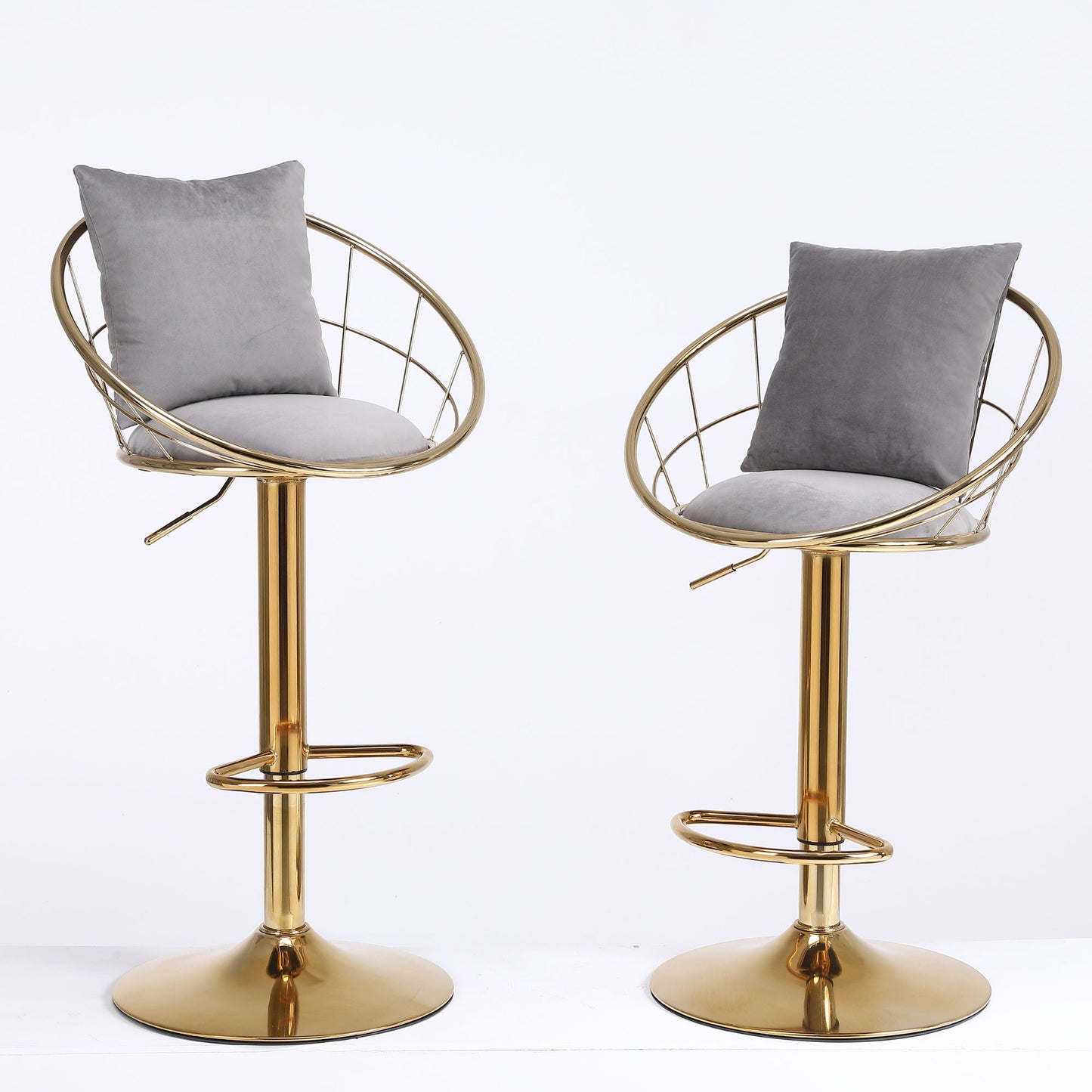 Velvet Bar Chair, Pure Gold Plated, Unique Design, 360 Degree Rotation, Adjustable Height, Suitable For Dining Room And Bar, (Set of 2) - Gray