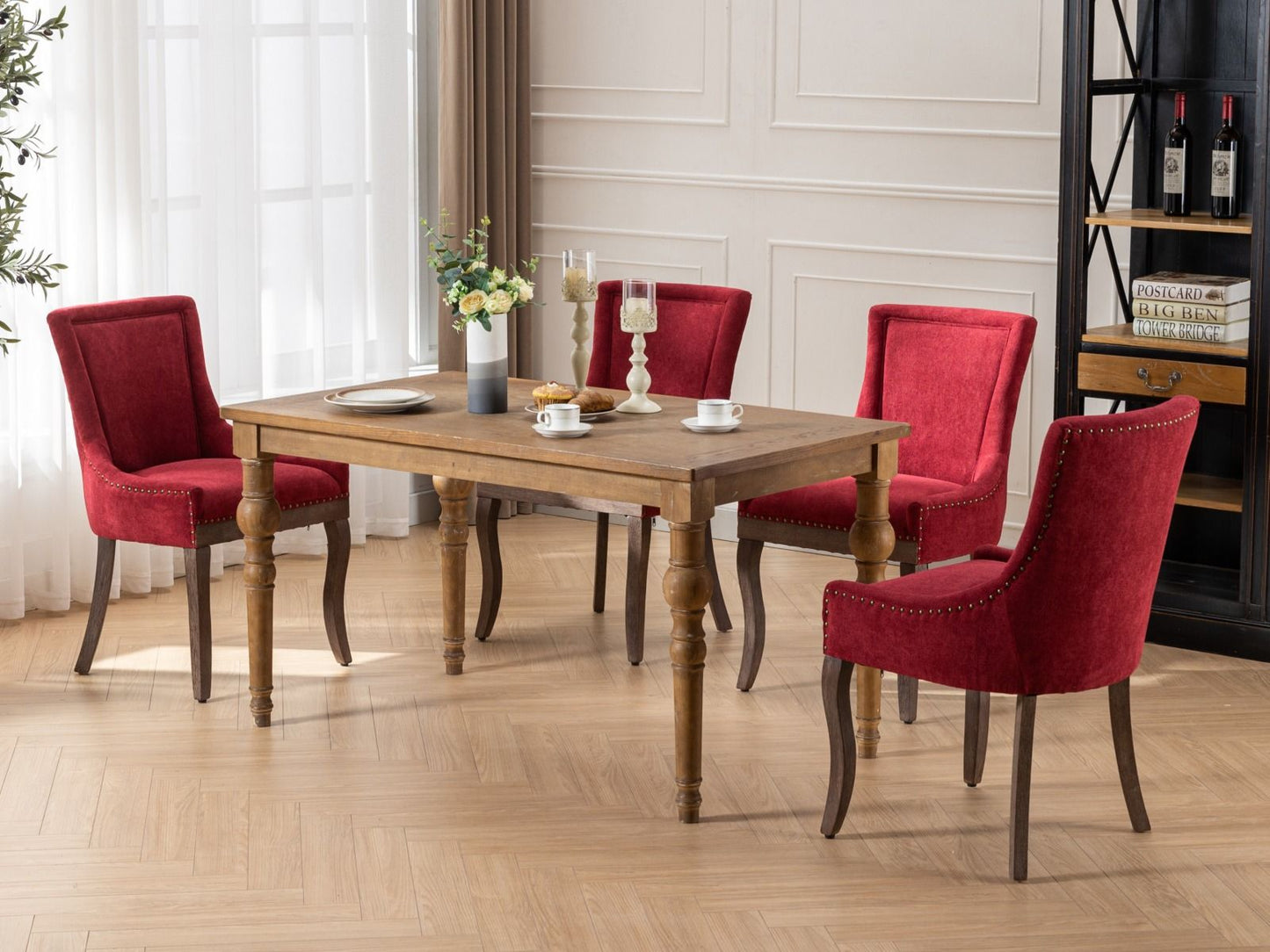 Ultra Side Dining Chair, Thickened Fabric Chairs With Neutrally Toned Solid Wood Legs, Bronze Nail Head (Set of 2) - Wine Red / Burgundy