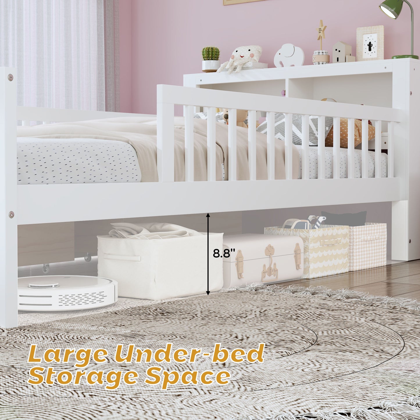 Twin Size Bed With Headboard Storage Rack, 2 Under Bed Drawers, 3 - Side Guardrails For Safety And Security - White