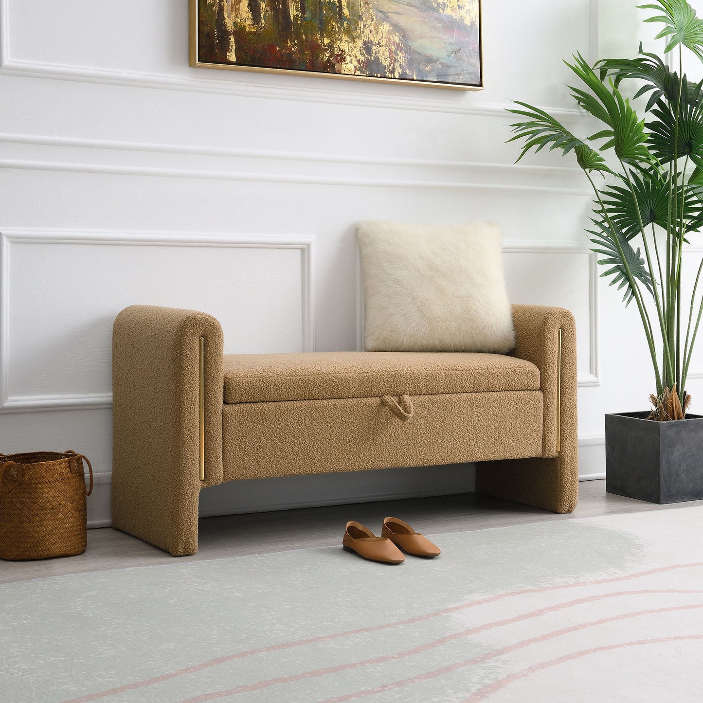 Modern Teddy Bed End Bench With Arms And Storage, Upholstered Large Foot Rest Stool, Comfy Window Vanity Bench For Living Room, Dorm, Coffee Table, Teddy - Coffee