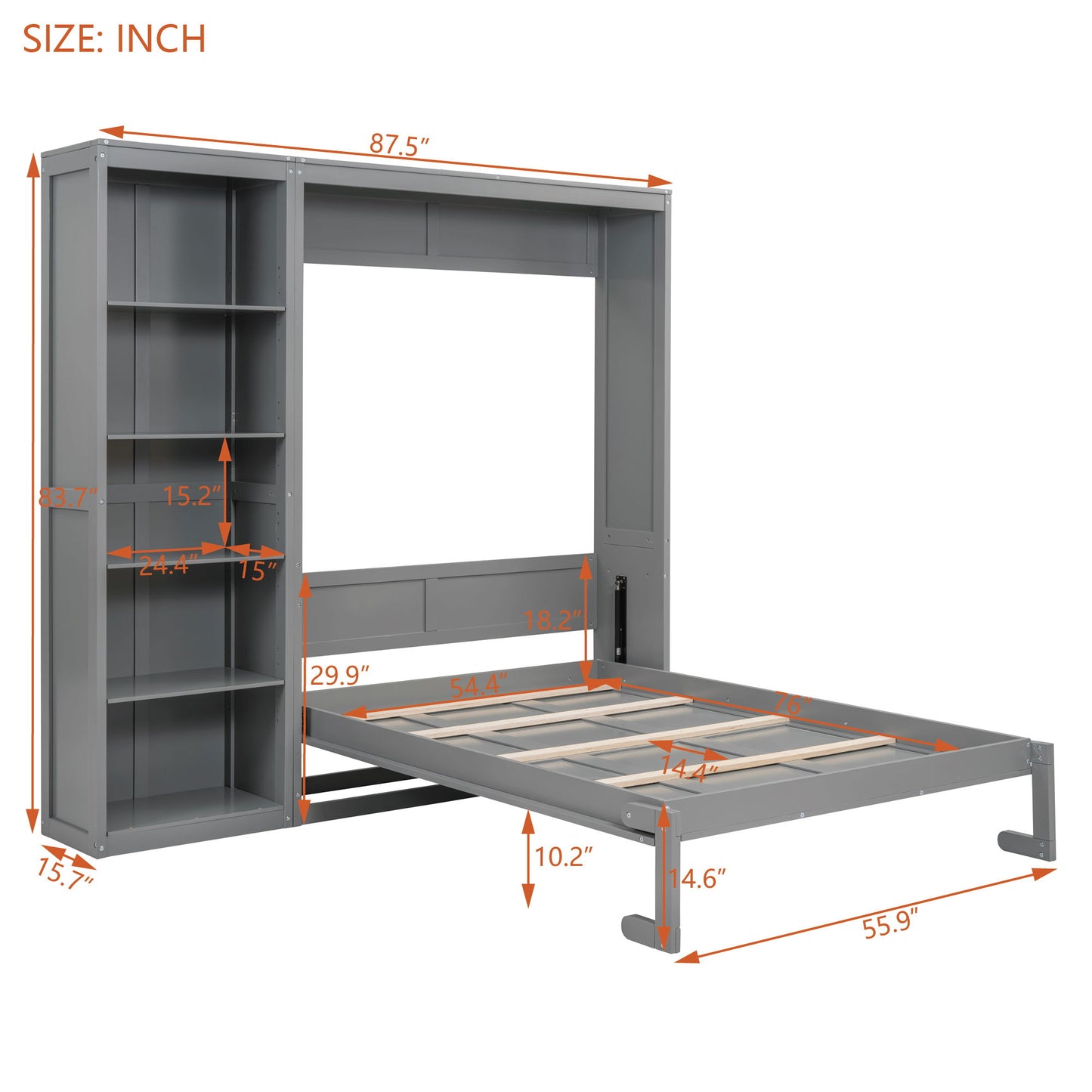 Full Size Murphy Wall Bed With Shelves - Gray