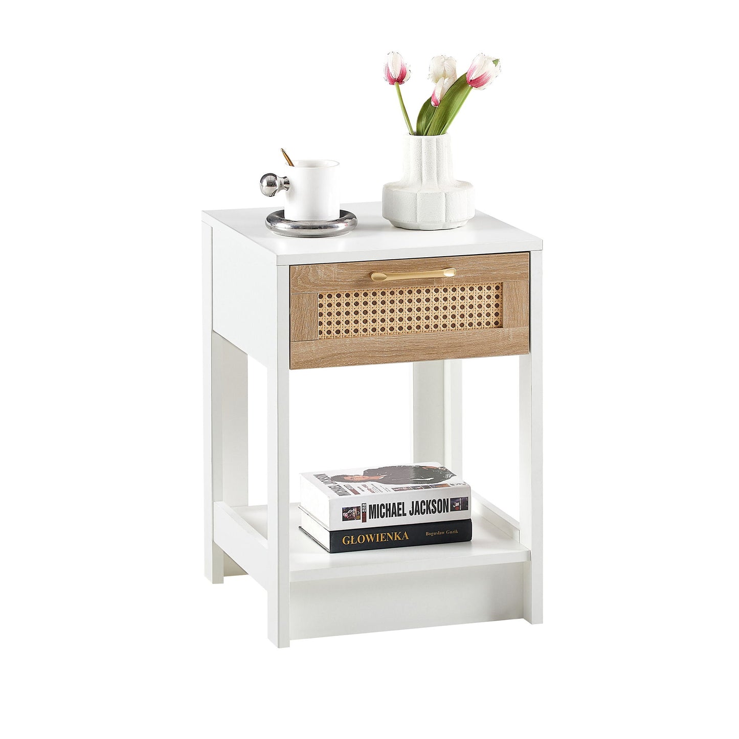 15.75" Rattan End Table With Drawer, Modern Nightstand, Side Table For Living Room, Bedroom - White