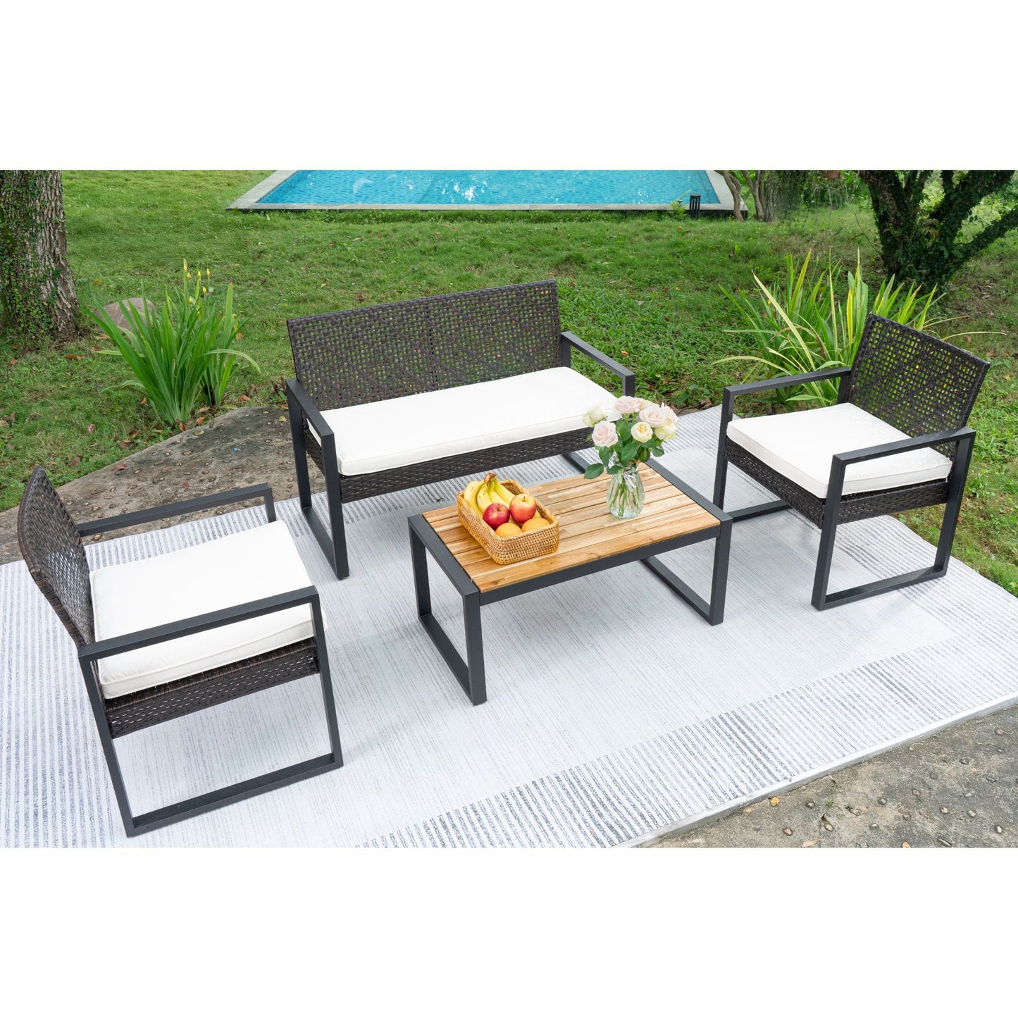 Modern 4 Piece Patio Furniture Set With Acacia Wood Table Top And Beige Cushions - Brown