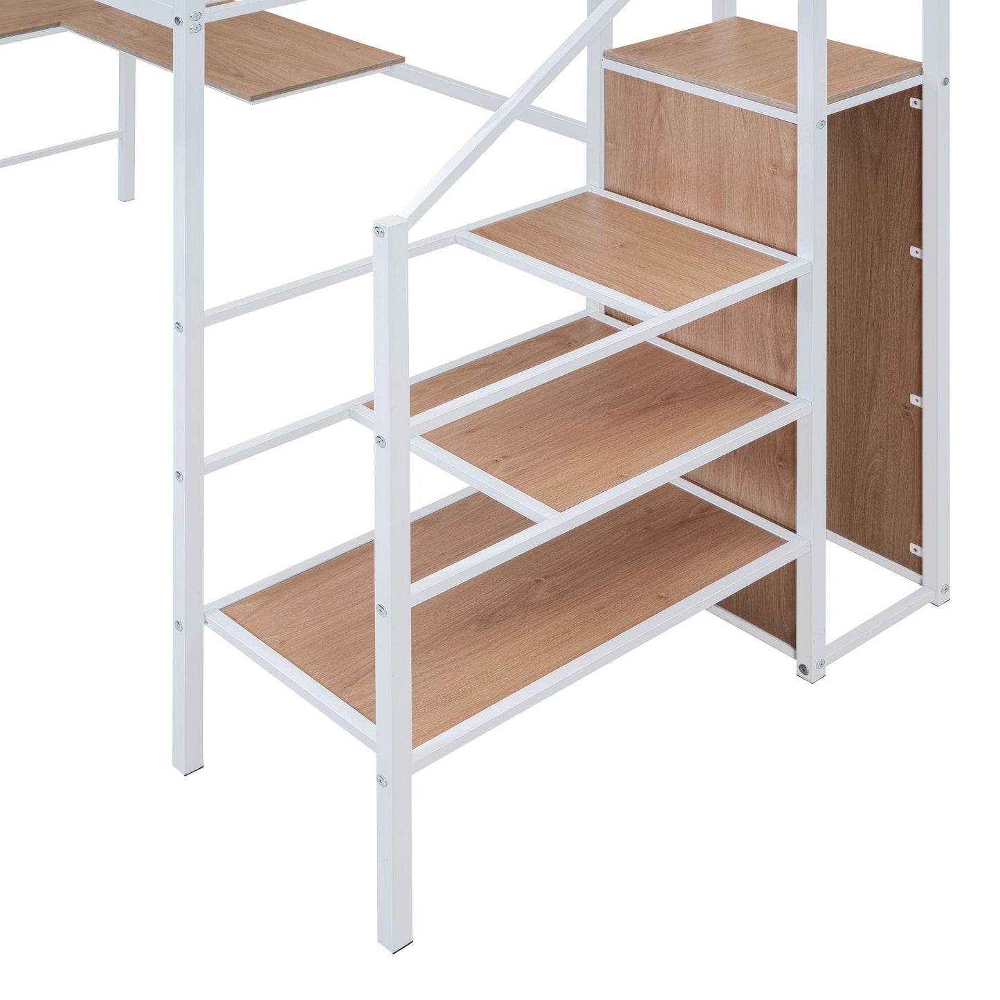 Twin Size Loft Bed With Desk And Grid, Stylish Frame With Lateral Storage Ladder And Wardrobe - White