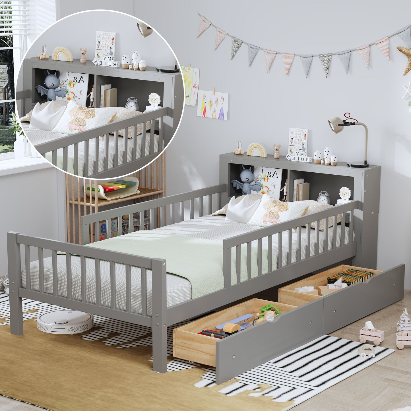 Twin Size Bed With Headboard Storage Rack, 2 Under Bed Drawers, 3 - Side Guardrails For Safety And Security - Gray