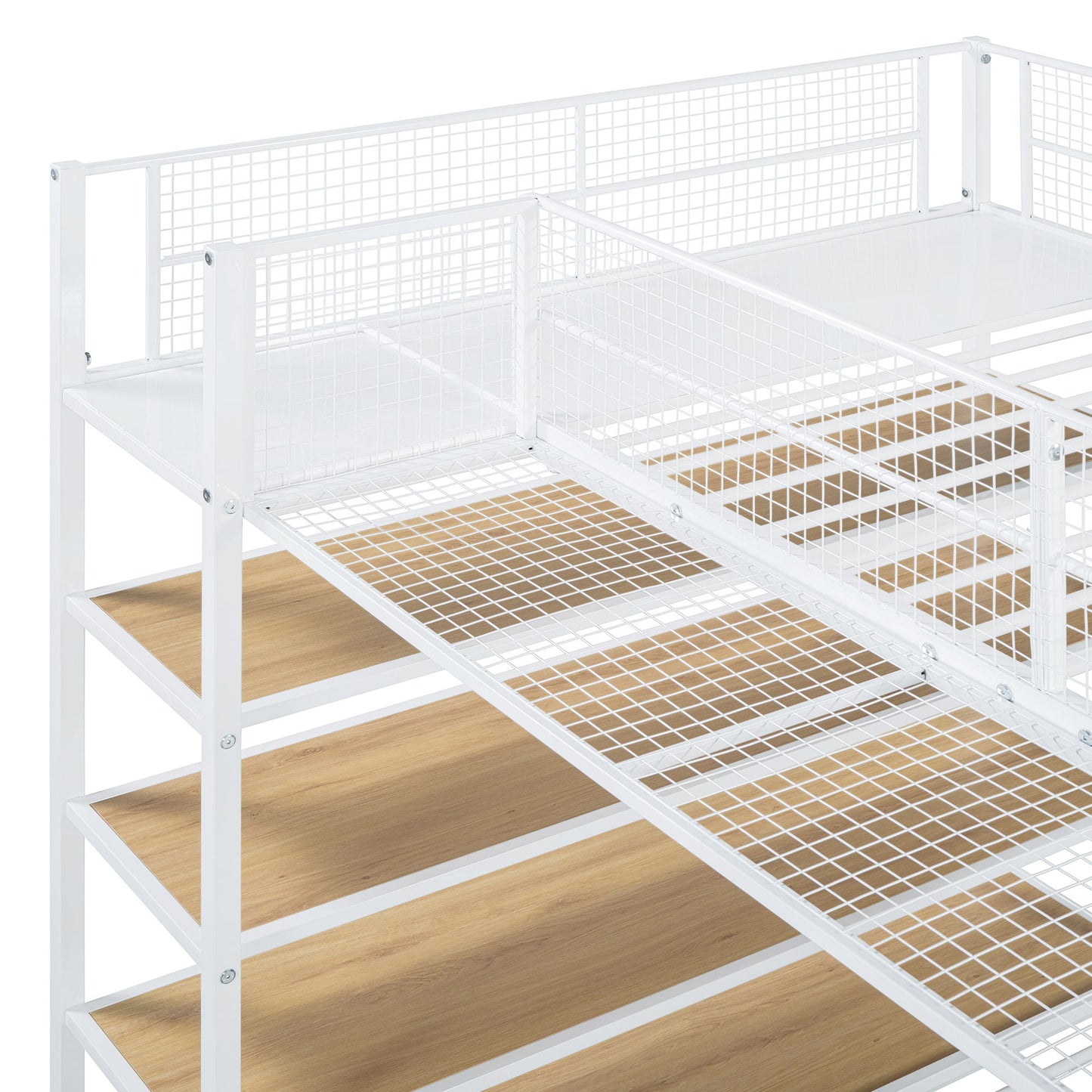 Twin Over Full Bunk Bed With 5 Tier Shelves - White
