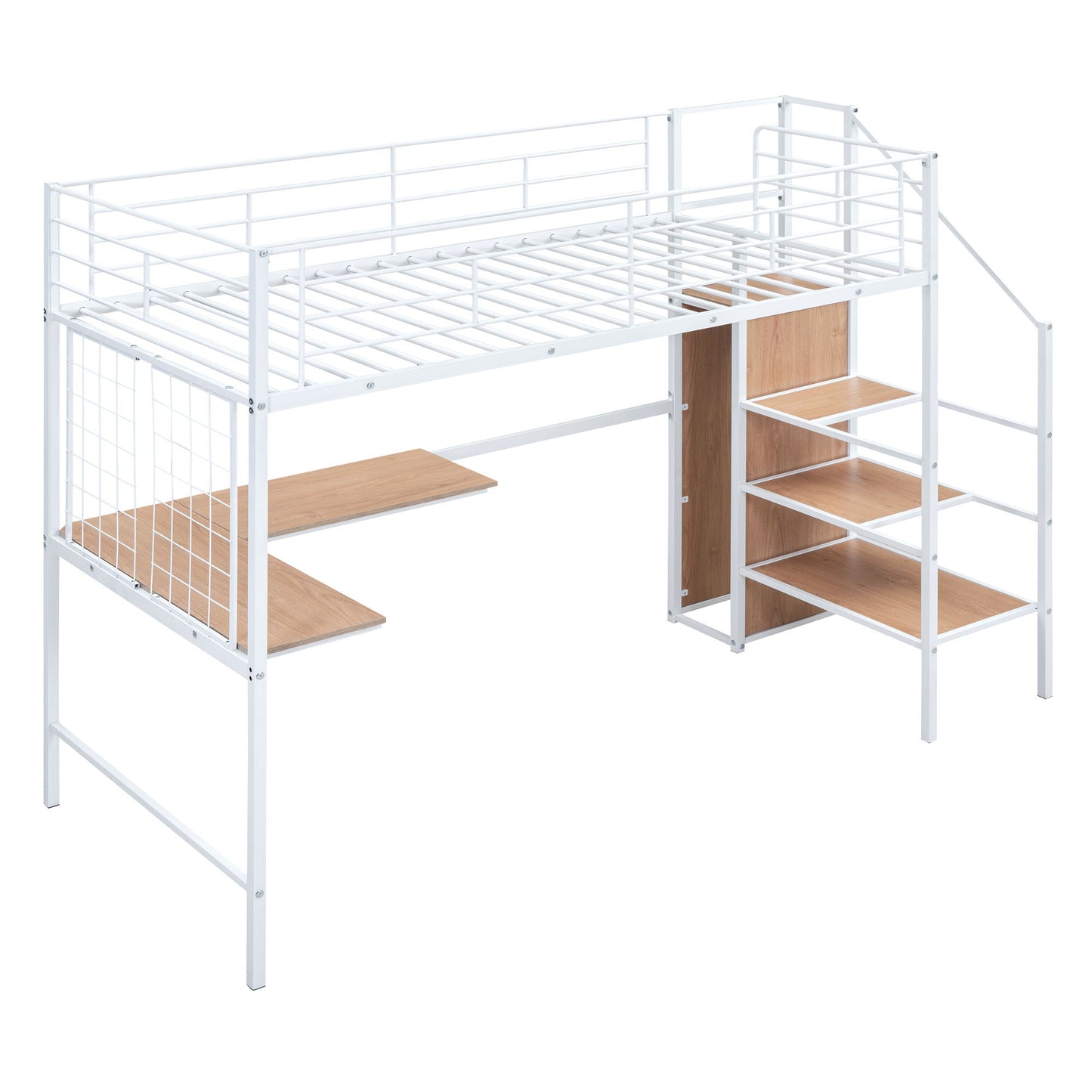 Twin Size Loft Bed With Desk And Grid, Stylish Frame With Lateral Storage Ladder And Wardrobe - White