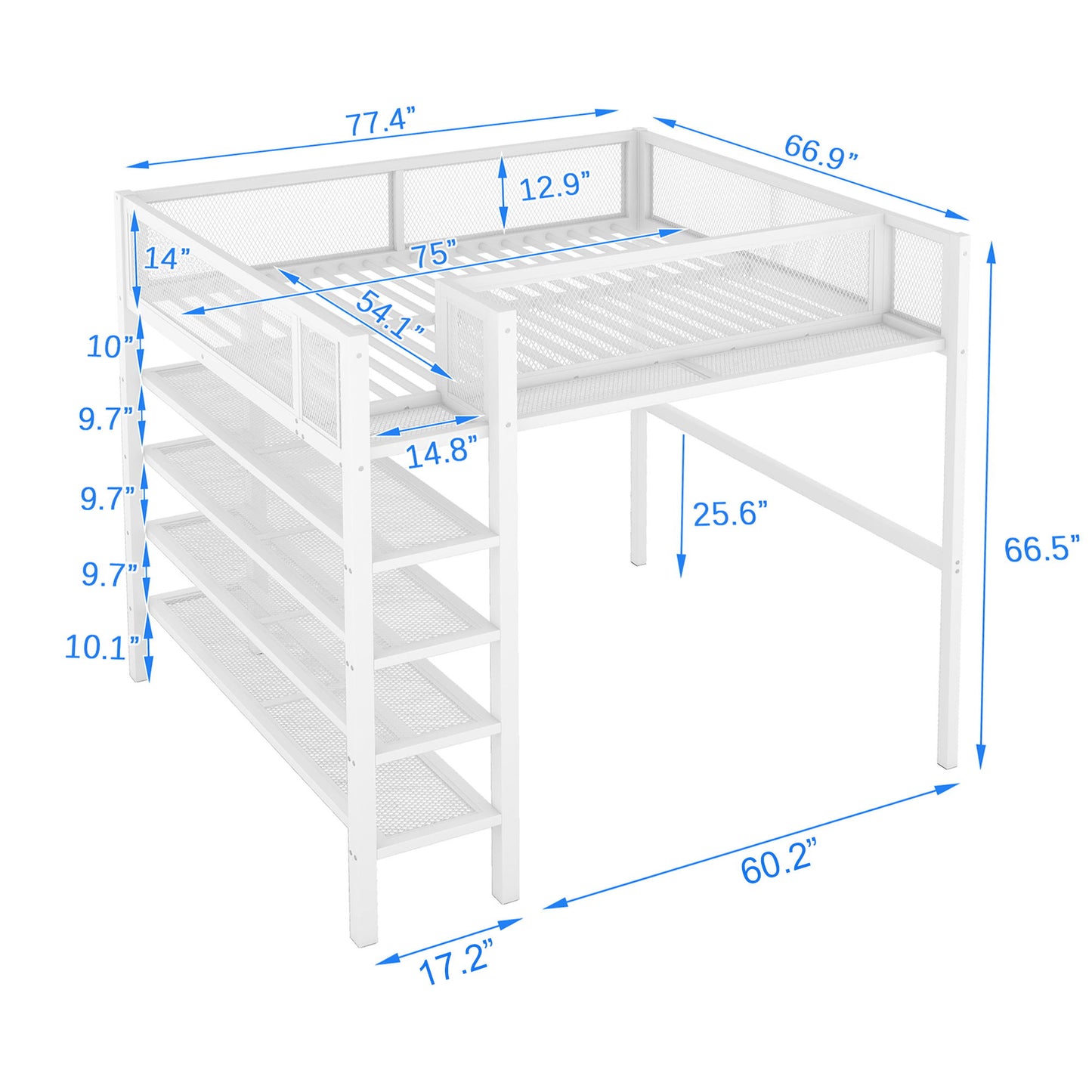 Full Size Loft Bed With 4 Tier Shelves And Storage - White