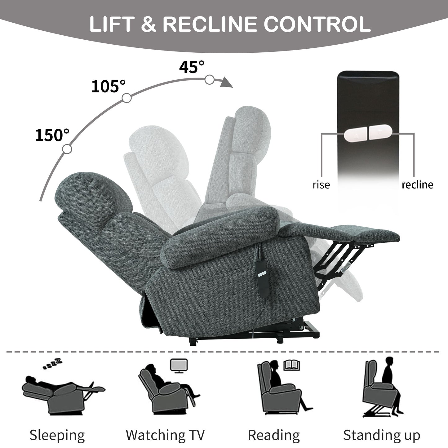 Oversized Power Lift Recliner Chair, Electric Fabric Recliner Chair, Home Theater Seating, Reclining Sofa Chair With Remote Control, Side Pocket, Spacious Seat - Dark Gray