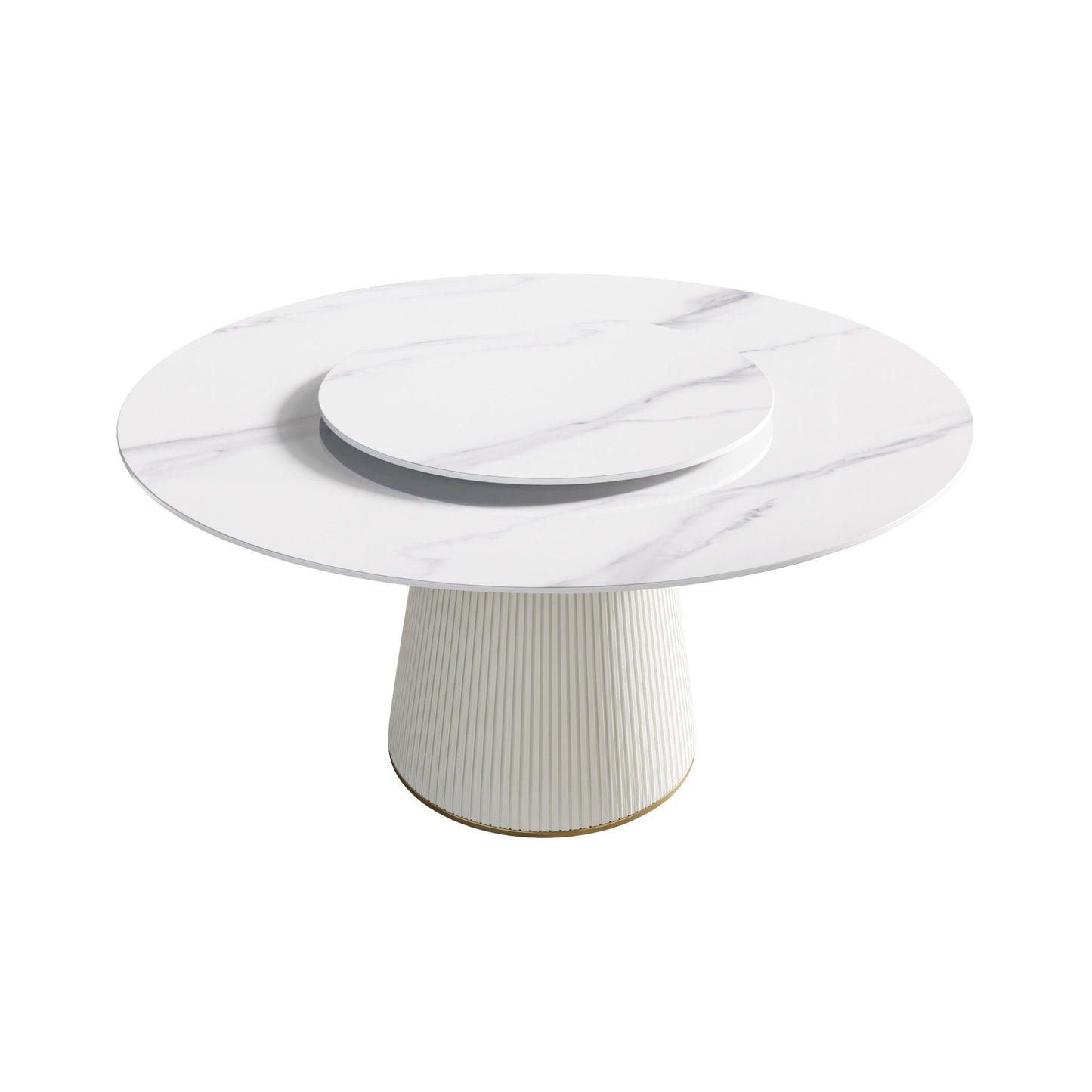 Modern Artificial Stone Round Plywood Base Dining Table, Can Accommodate 8 People, Artificial Stone Turntable (Not Including Chairs) - White / Beige