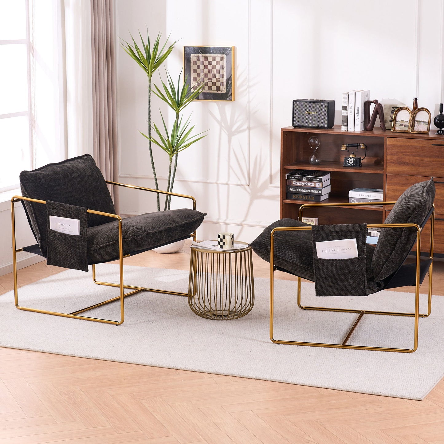 Upholstered Hanging Armchair With Arm Pocketsmetal Frame (Set of 2), Gold-Plated Craftsmanship, Crushed Foam Cushions And Skin-Friendly Woven Fabric For Living Room And Bedroom - Dark Gray