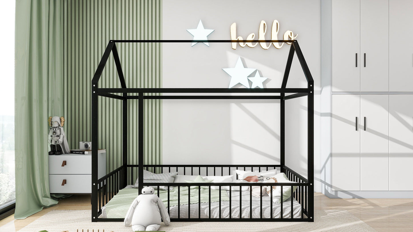 Twin Size Bed House Bed Frame With Fence - Black