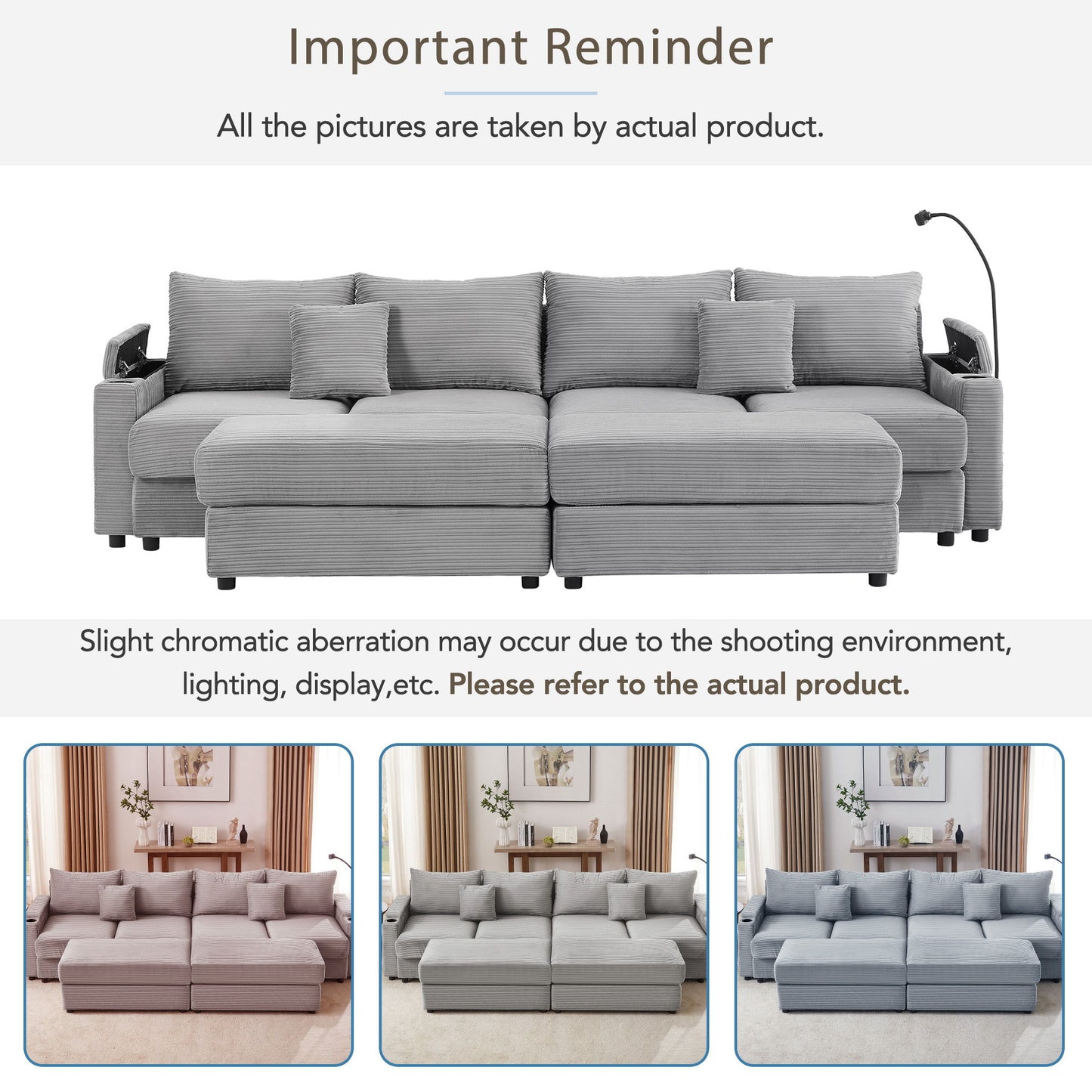Modern Style 4 - Seater Sofa Sectional Sofa Couch With Storage Space, Two Movable Ottomans, Two USB Ports, Two Cup Holders, A Phone Holder For Living Room - Gray