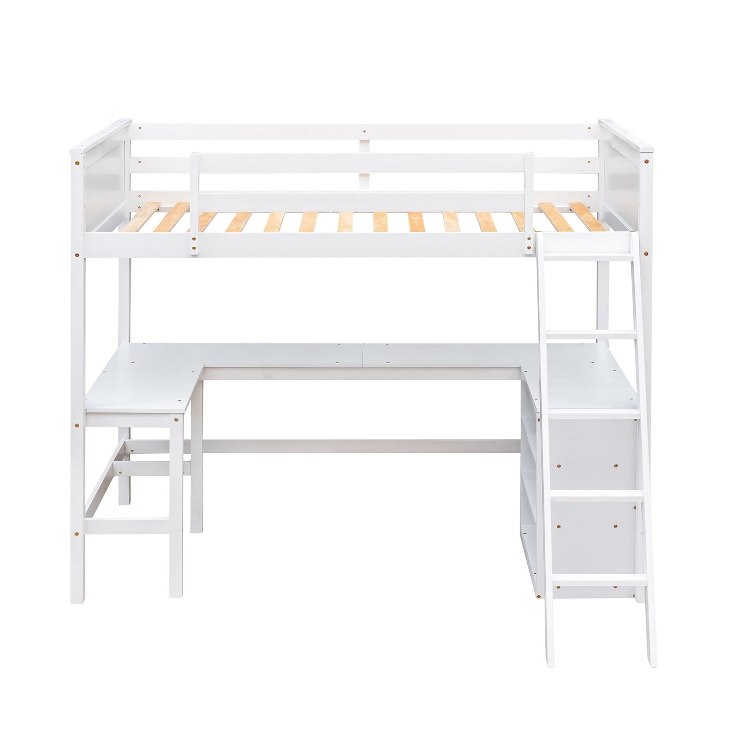 Twin Size Loft Bed With Shelves With Desk - White