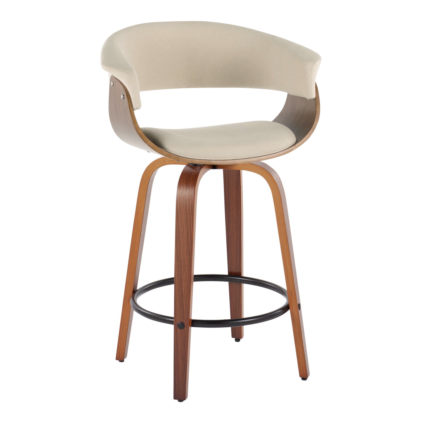 Vintage Mod - Mid-Century Modern Fixed Height Counter Stool With Swivel & Round Footrest (Set of 2) - Walnut / Cream