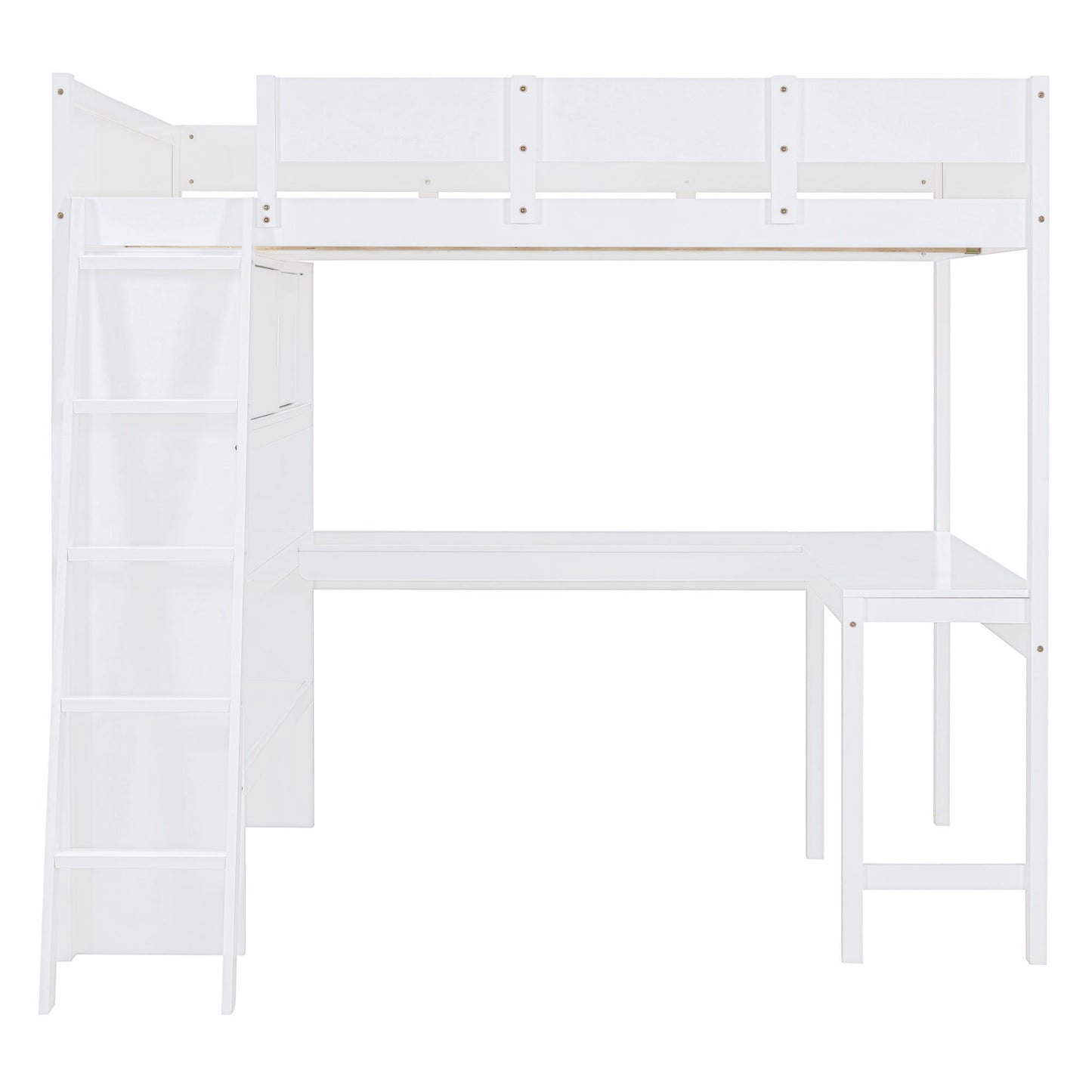 Full Size Loft Bed With Desk And Storage Shelves - White