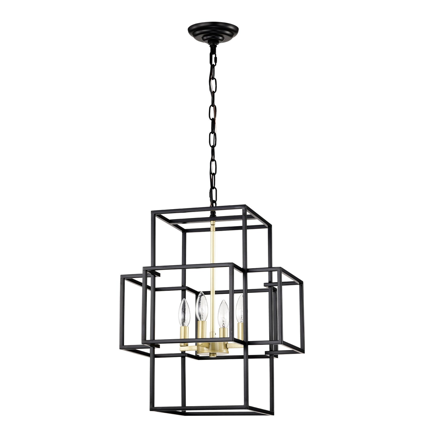 4 Light Metal Lantern Tiered Pendant Hanging Light Fixtures, Industrial Farmhouse Adjustable Height Chandeliers For Dining Room Hallway Foyer Entryway (E12 Bulbs Not Included) - Matte Black / Gold
