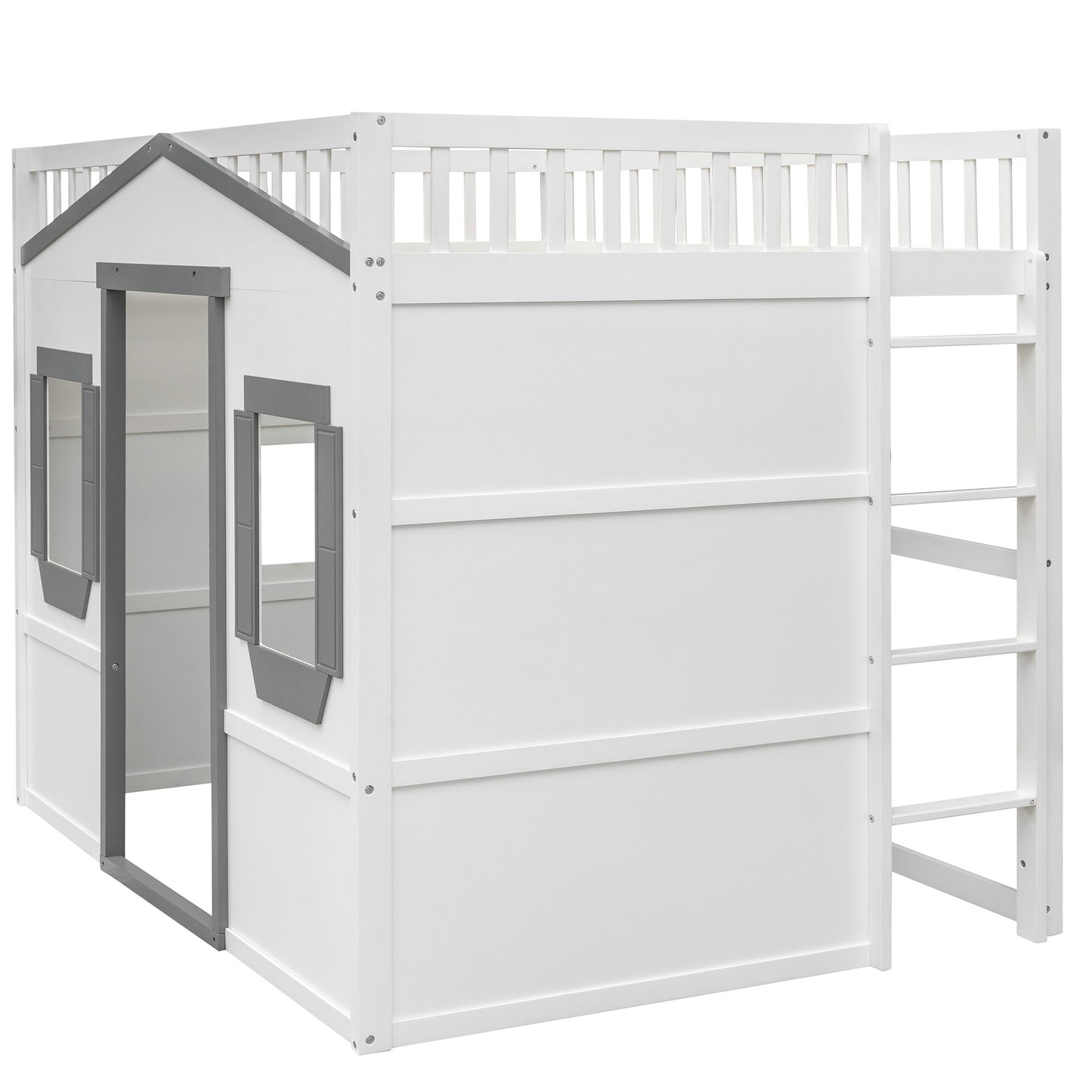 Full Size House Loft Bed With Ladder - White / Gray