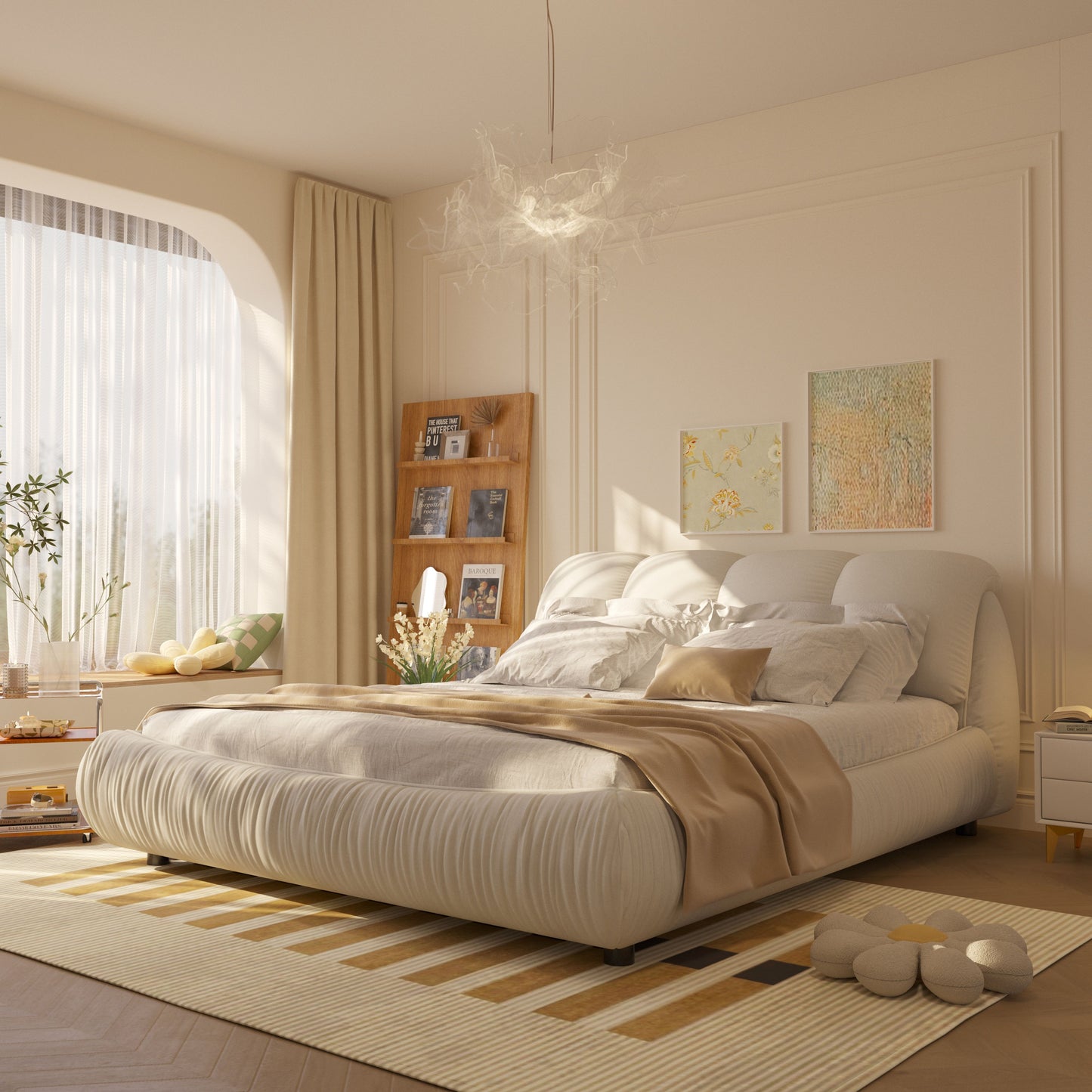 King Size Luxury Upholstered Platform Bed With Oversized Padded Backrest And Solid Wood Frame, Suitable For Multiple Heights Of Mattresses - Beige