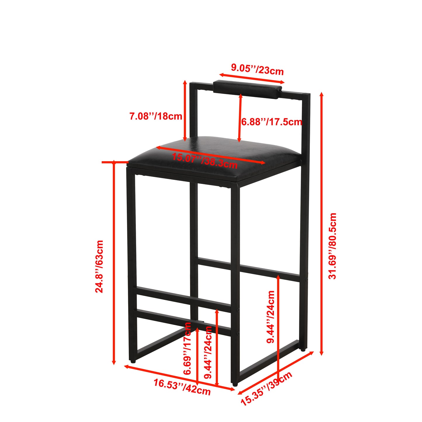 Elegant Bar Stool Set With Backrest And Footrest, Upholstered, Iron Frame, Counter Height - Black