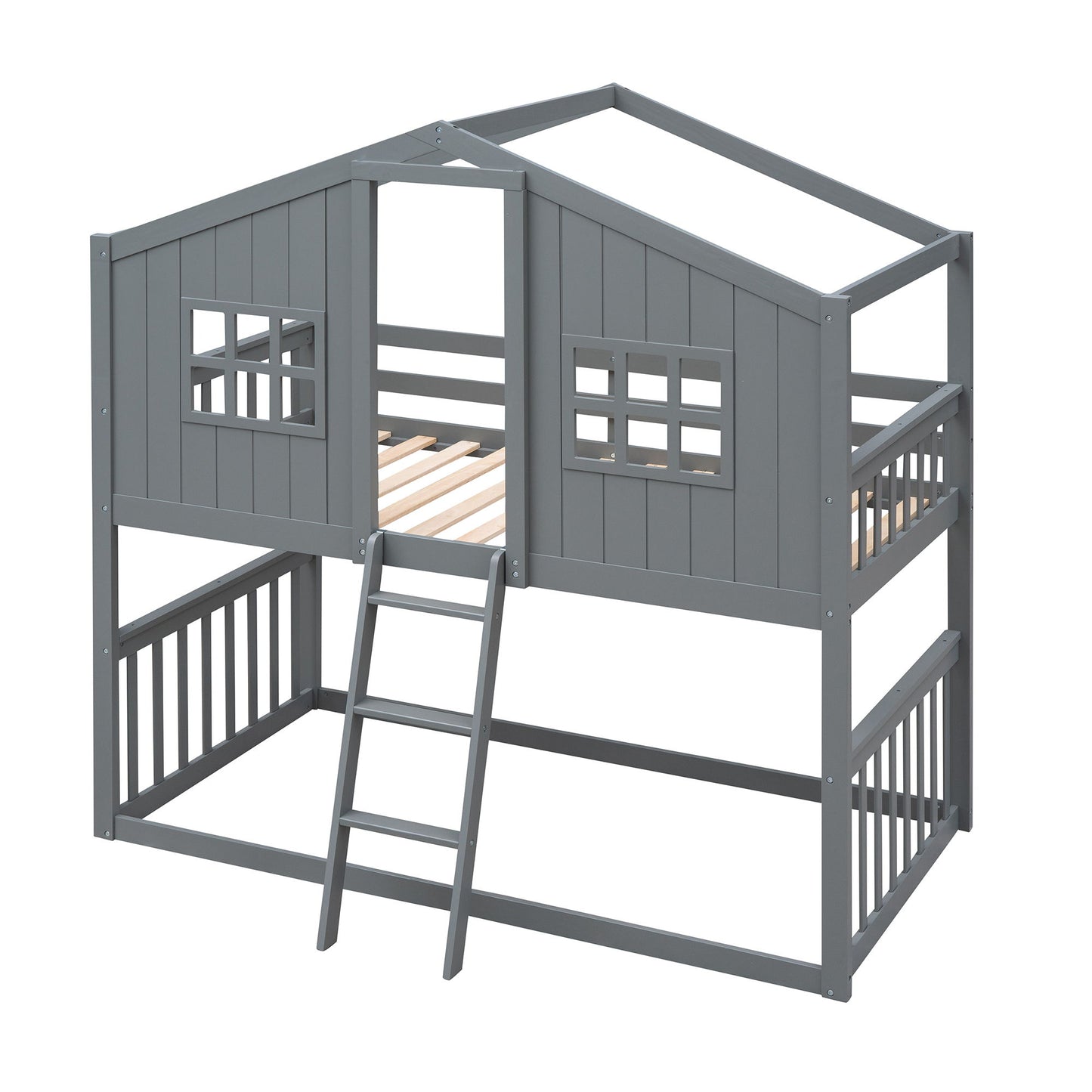 Twin Over Twin House Bunk Bed With Ladder - Gray